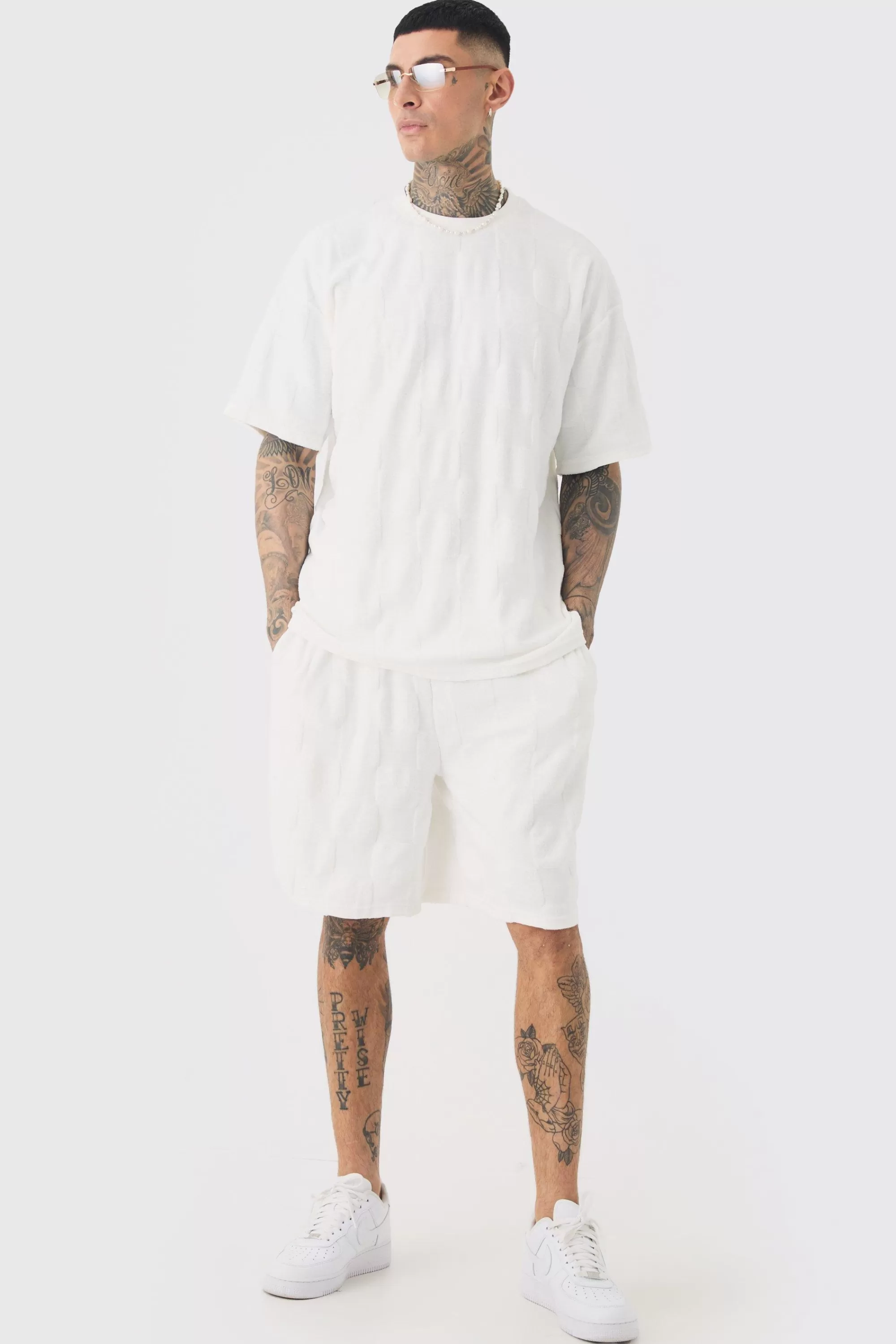 boohooMAN Tall Embossed Check Towelling T-Shirt & Short Set In | UK