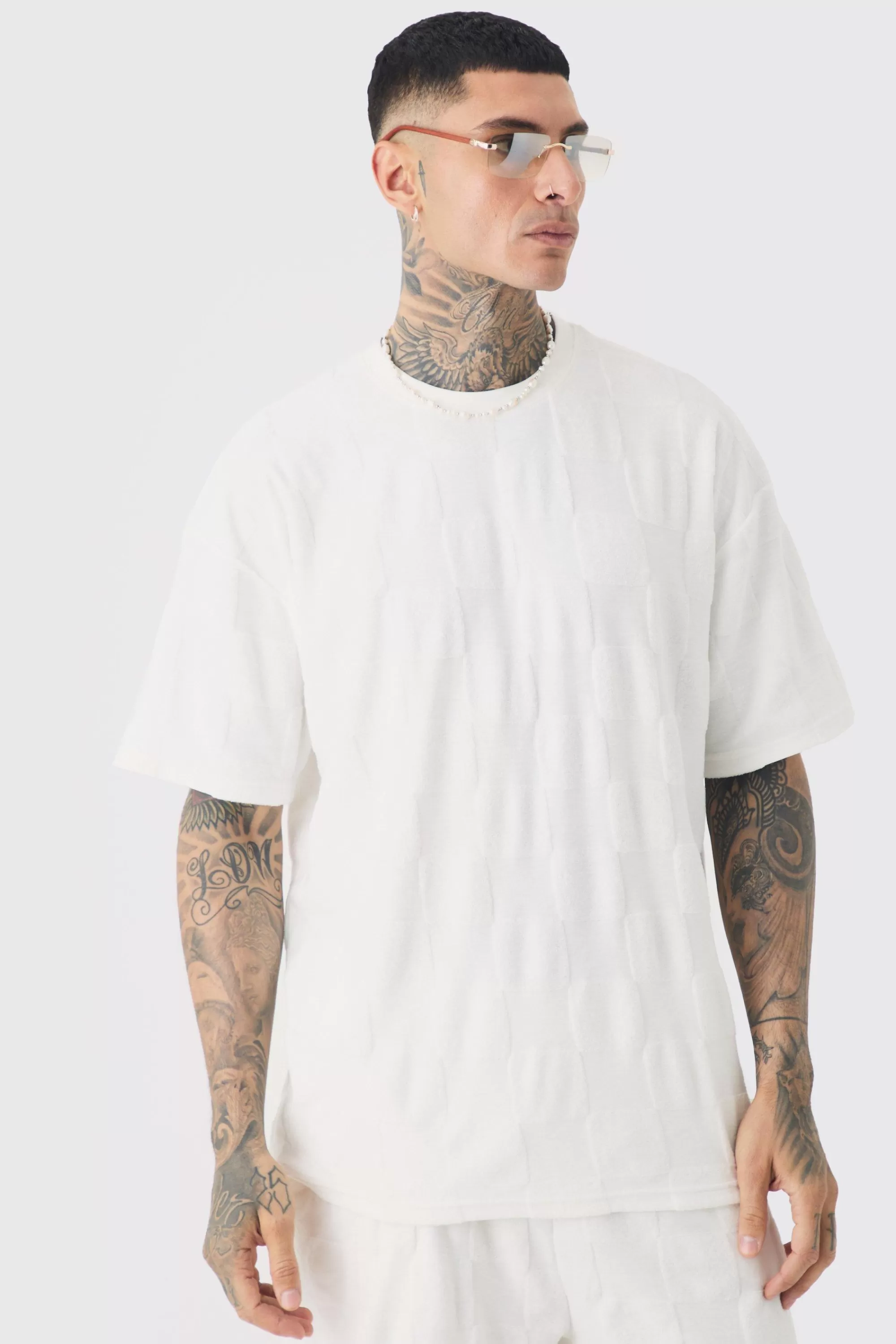 boohooMAN Tall Embossed Check Towelling T-Shirt & Short Set In | UK