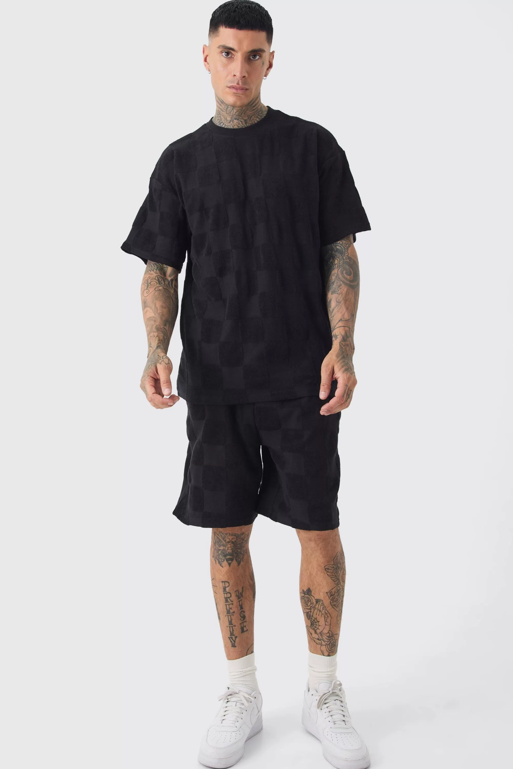 boohooMAN Tall Embossed Checkered Towelling Tee & Short Set In | UK