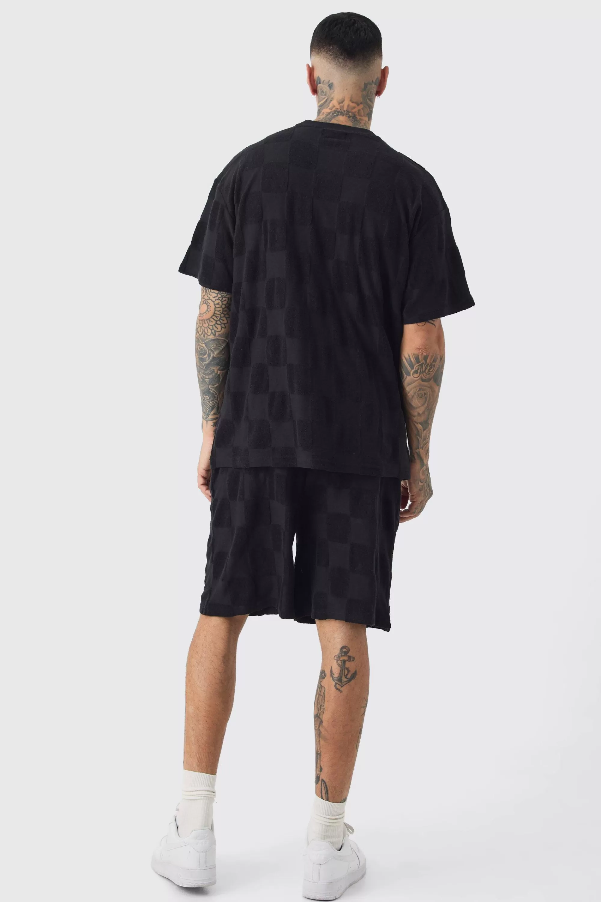 boohooMAN Tall Embossed Checkered Towelling Tee & Short Set In | UK