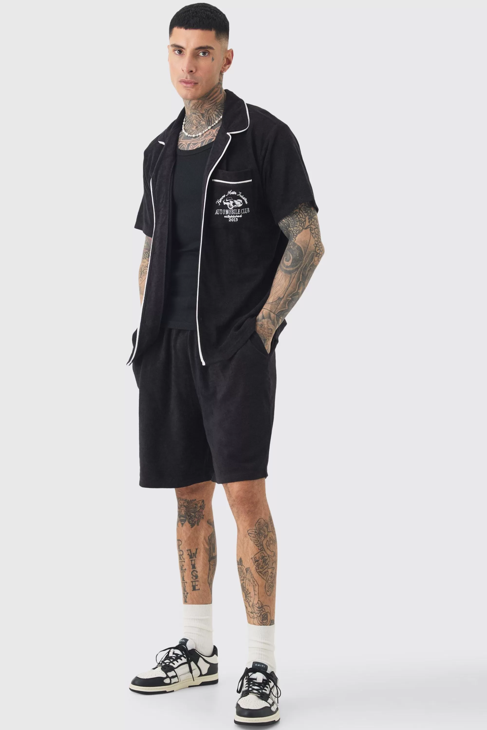 boohooMAN Tall Embroidered Towelling Shirt & Short Set In | UK