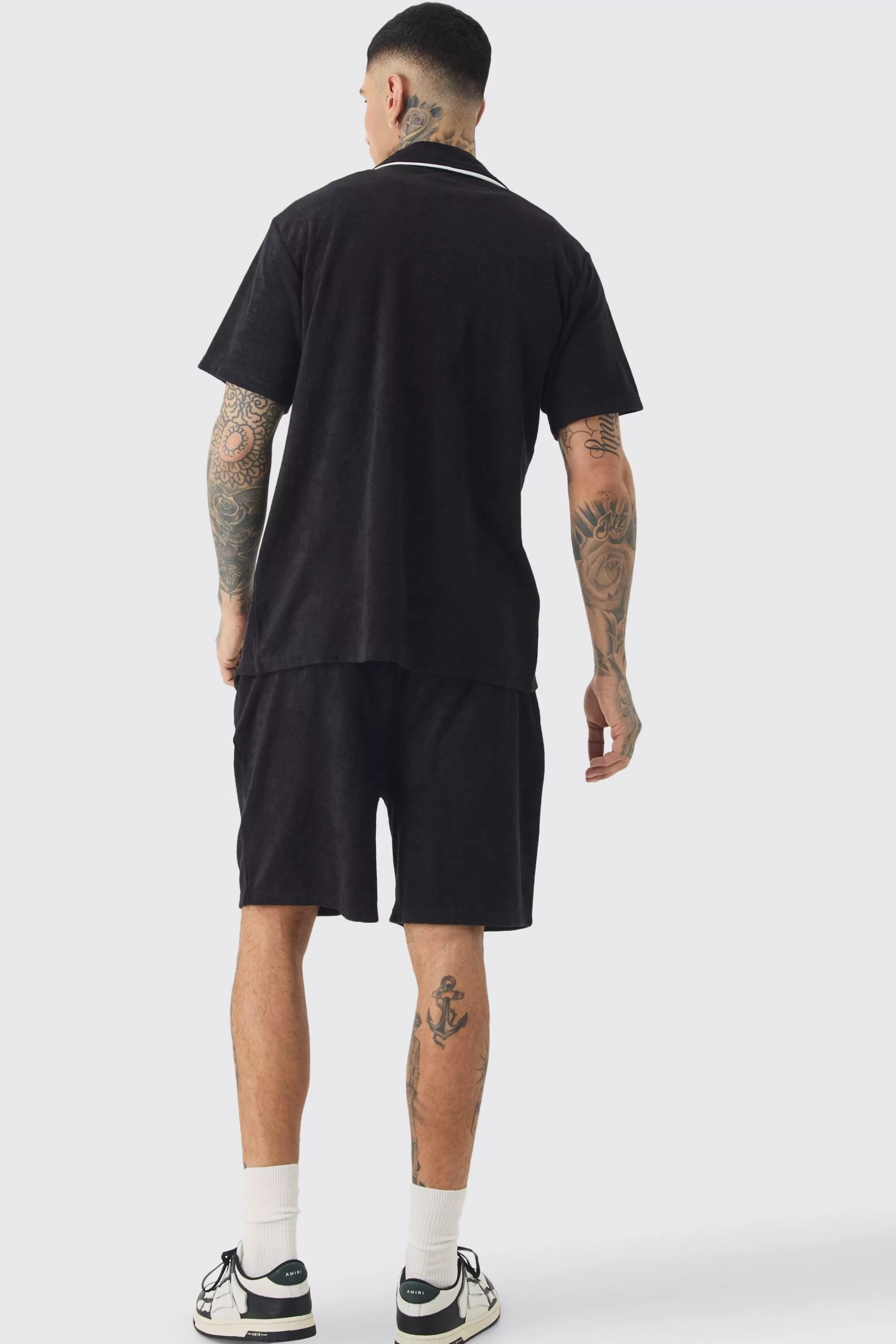 boohooMAN Tall Embroidered Towelling Shirt & Short Set In | UK