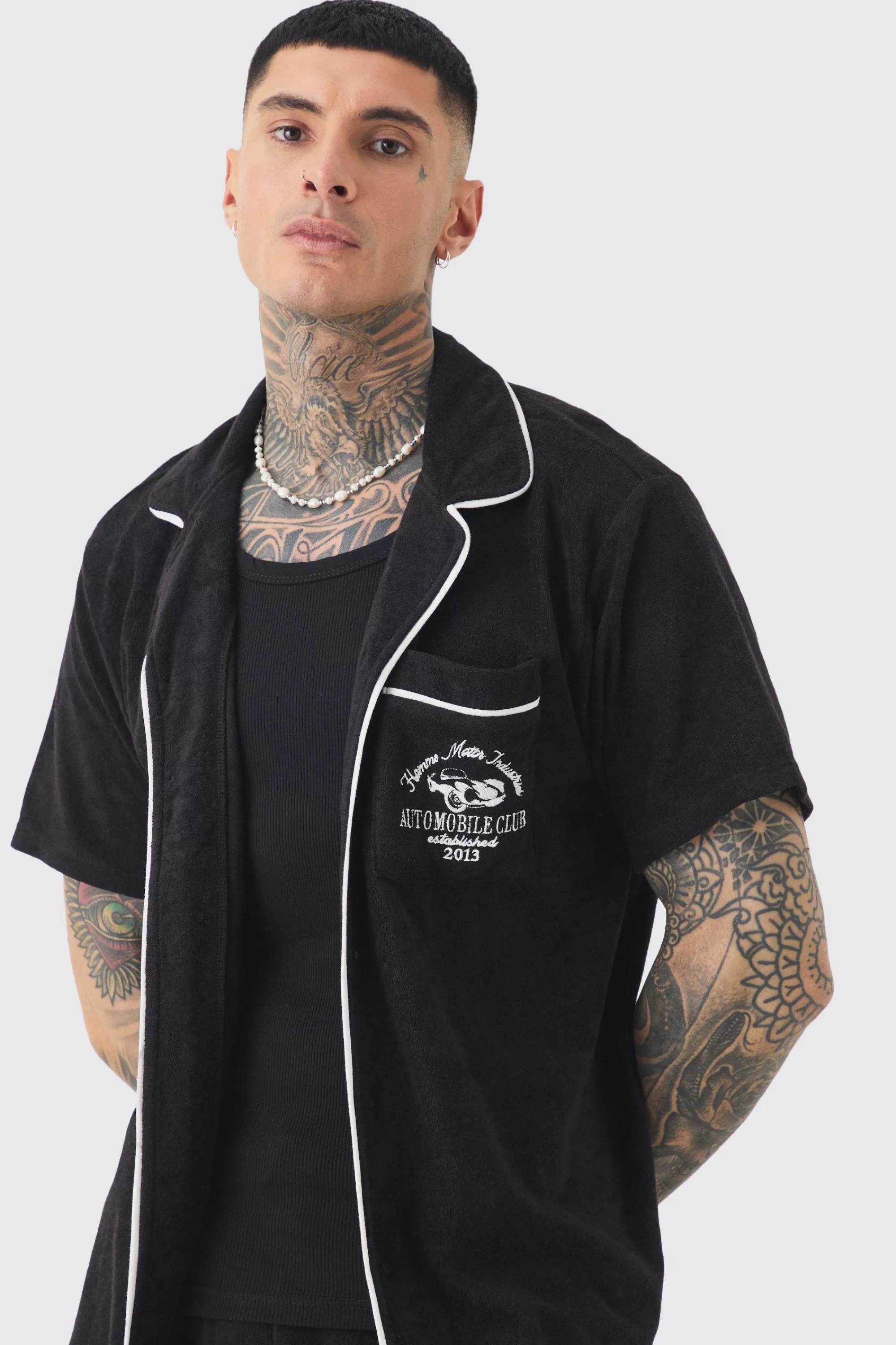 boohooMAN Tall Embroidered Towelling Shirt & Short Set In | UK
