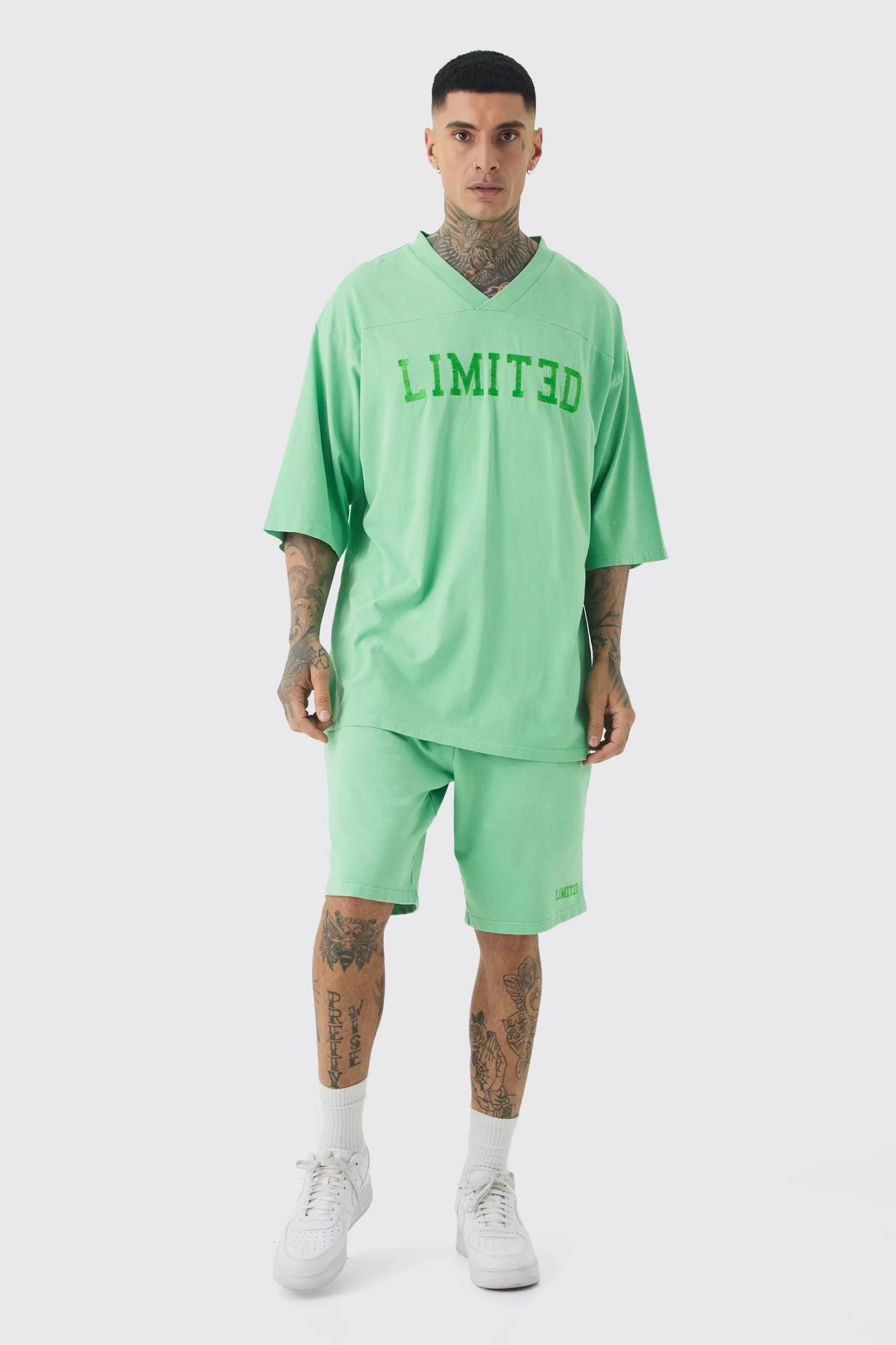 boohooMAN Tall Embroidery Limited Football T-shirt & Short Set | UK