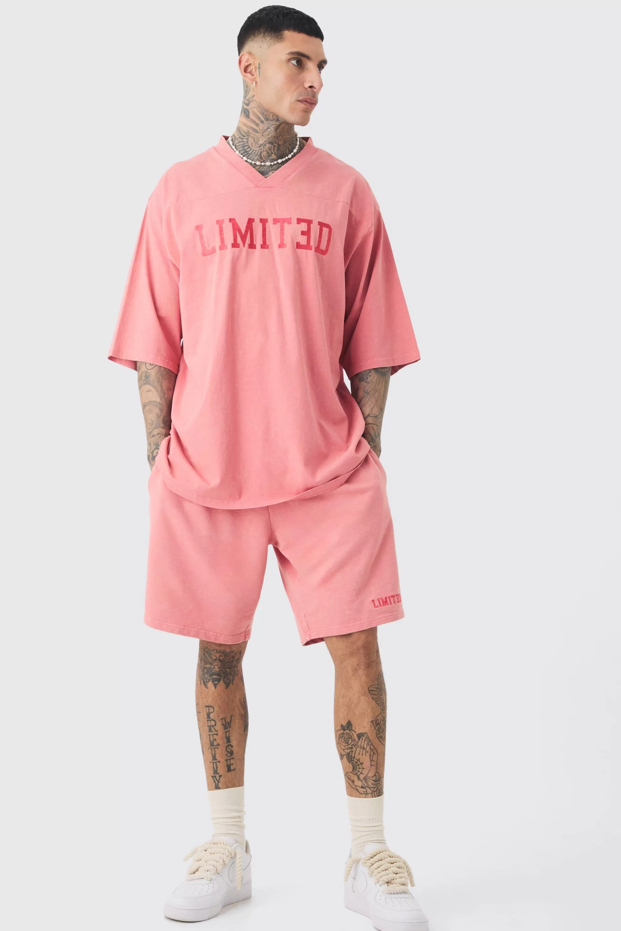 boohooMAN Tall Embroidery Limited Varsity T-shirt & Short Set | UK