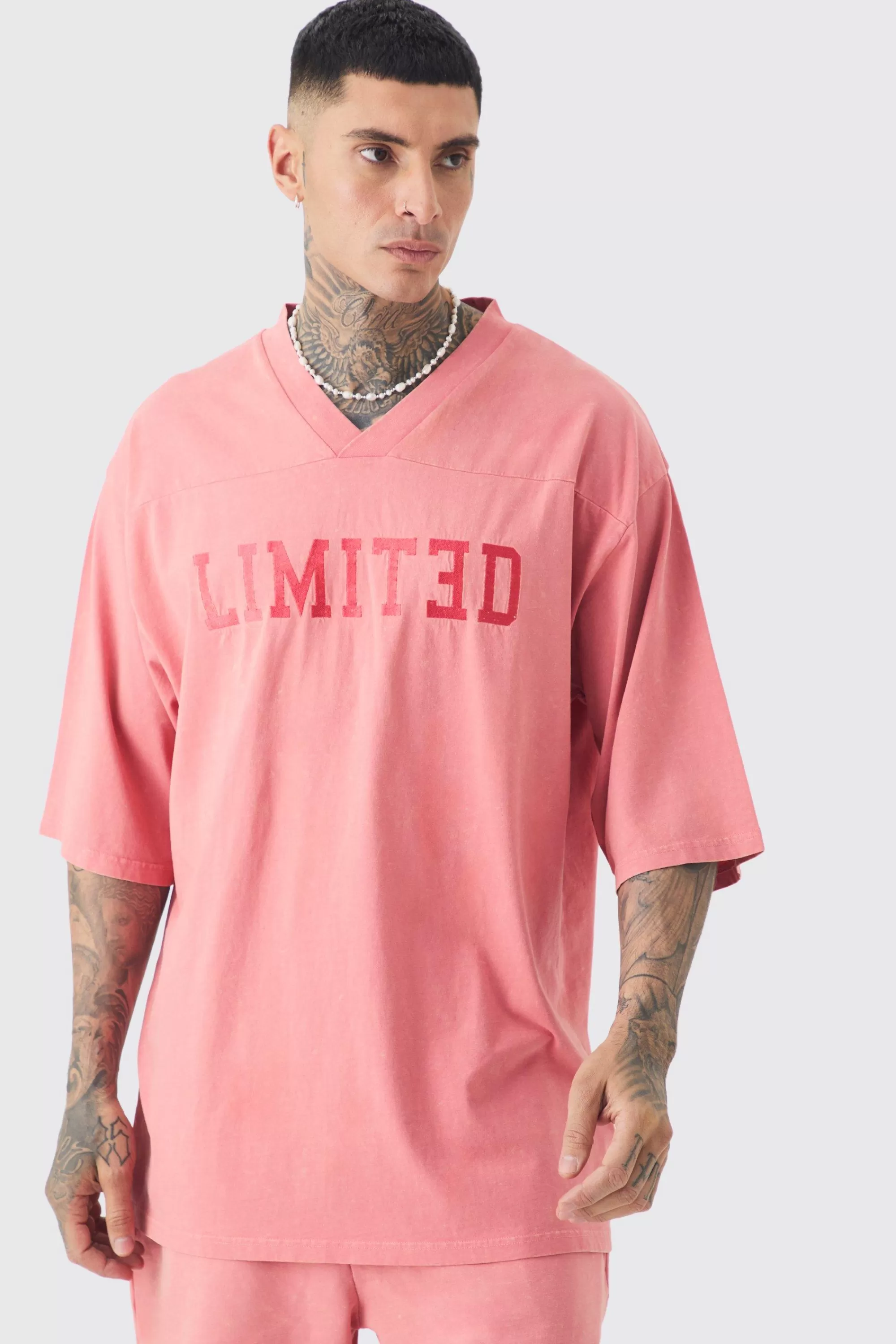boohooMAN Tall Embroidery Limited Varsity T-shirt & Short Set | UK