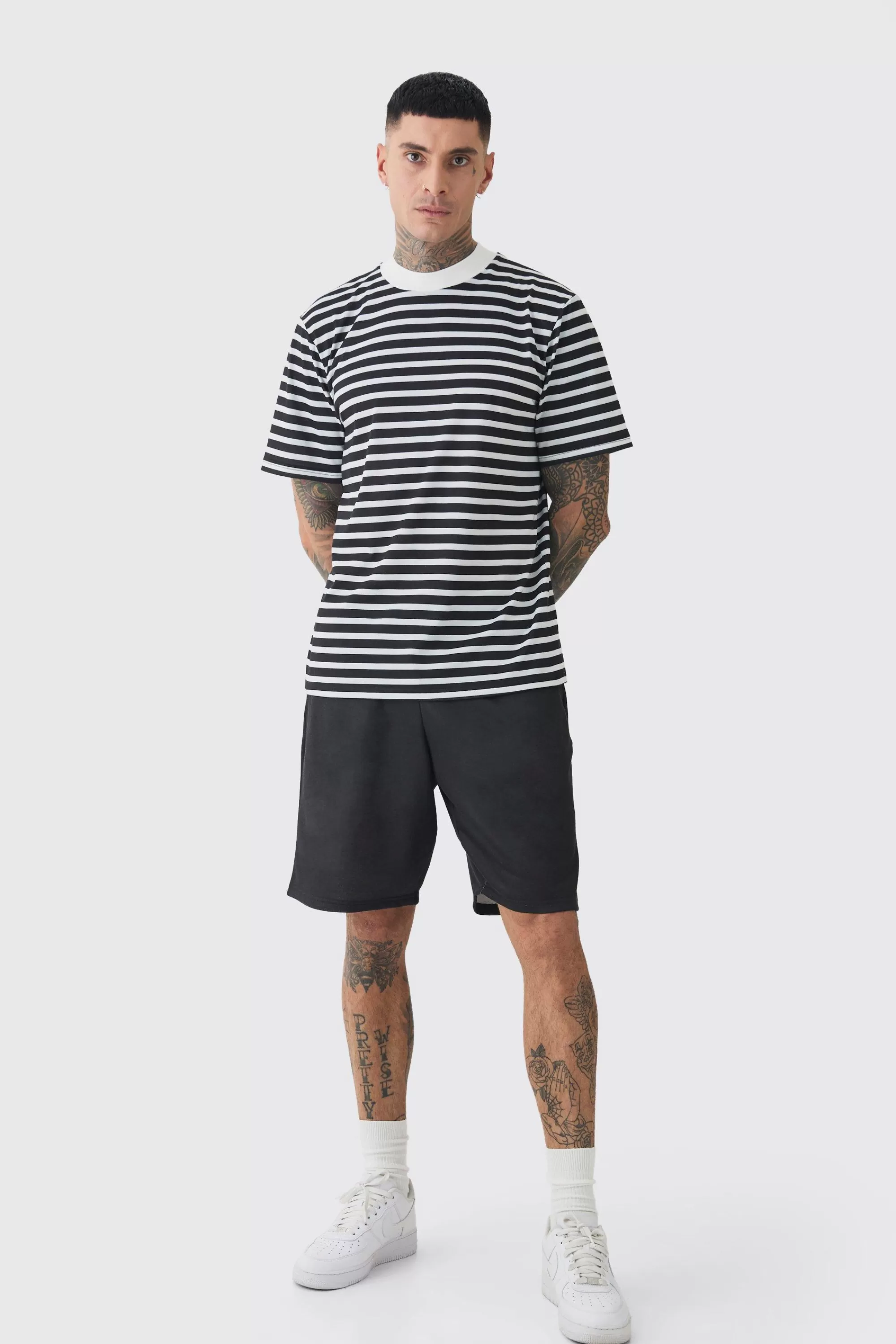 boohooMAN Tall Extended Neck Stripe T-shirt & Short Set | UK
