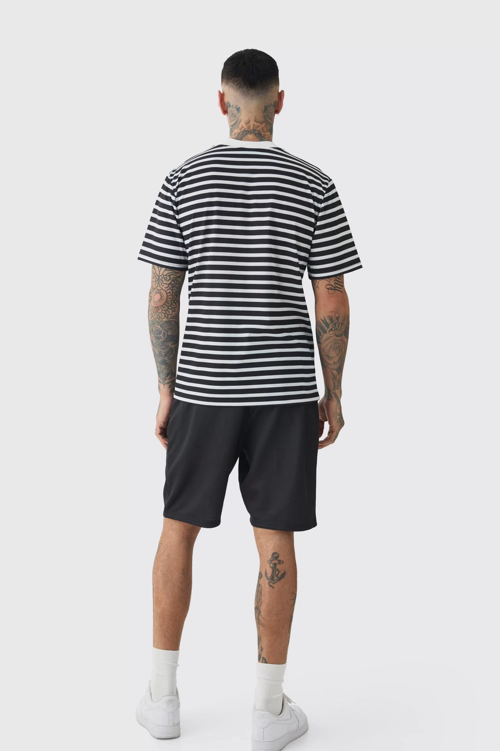 boohooMAN Tall Extended Neck Stripe T-shirt & Short Set | UK