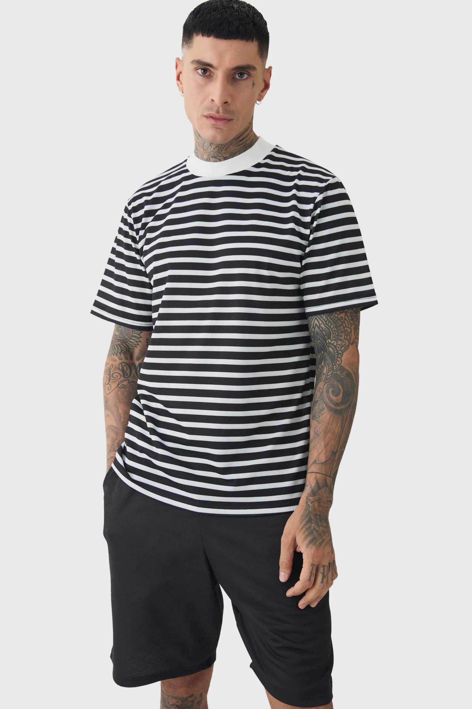 boohooMAN Tall Extended Neck Stripe T-shirt & Short Set | UK