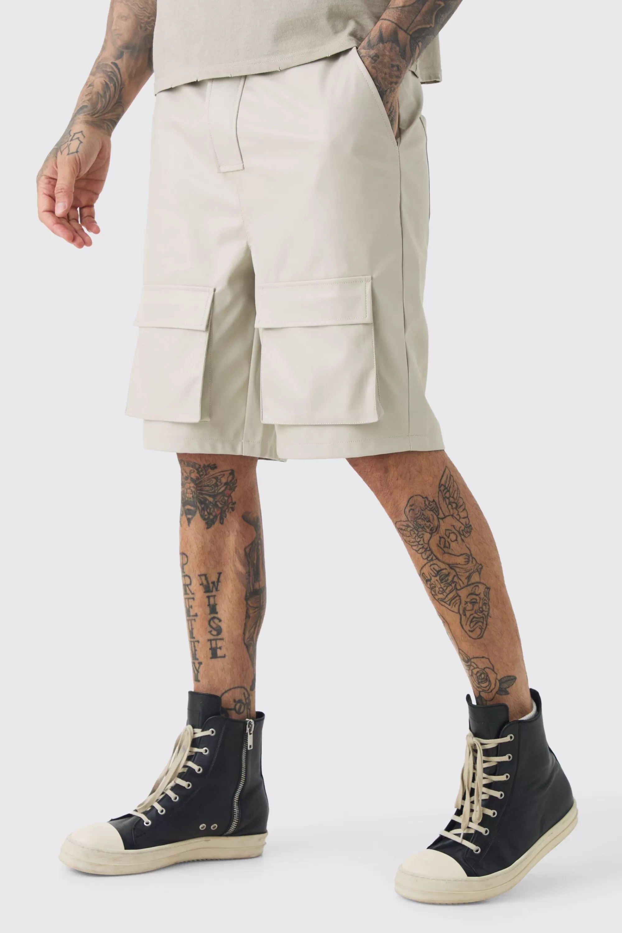 boohooMAN Tall Fixed Waist PU Cargo Short | UK