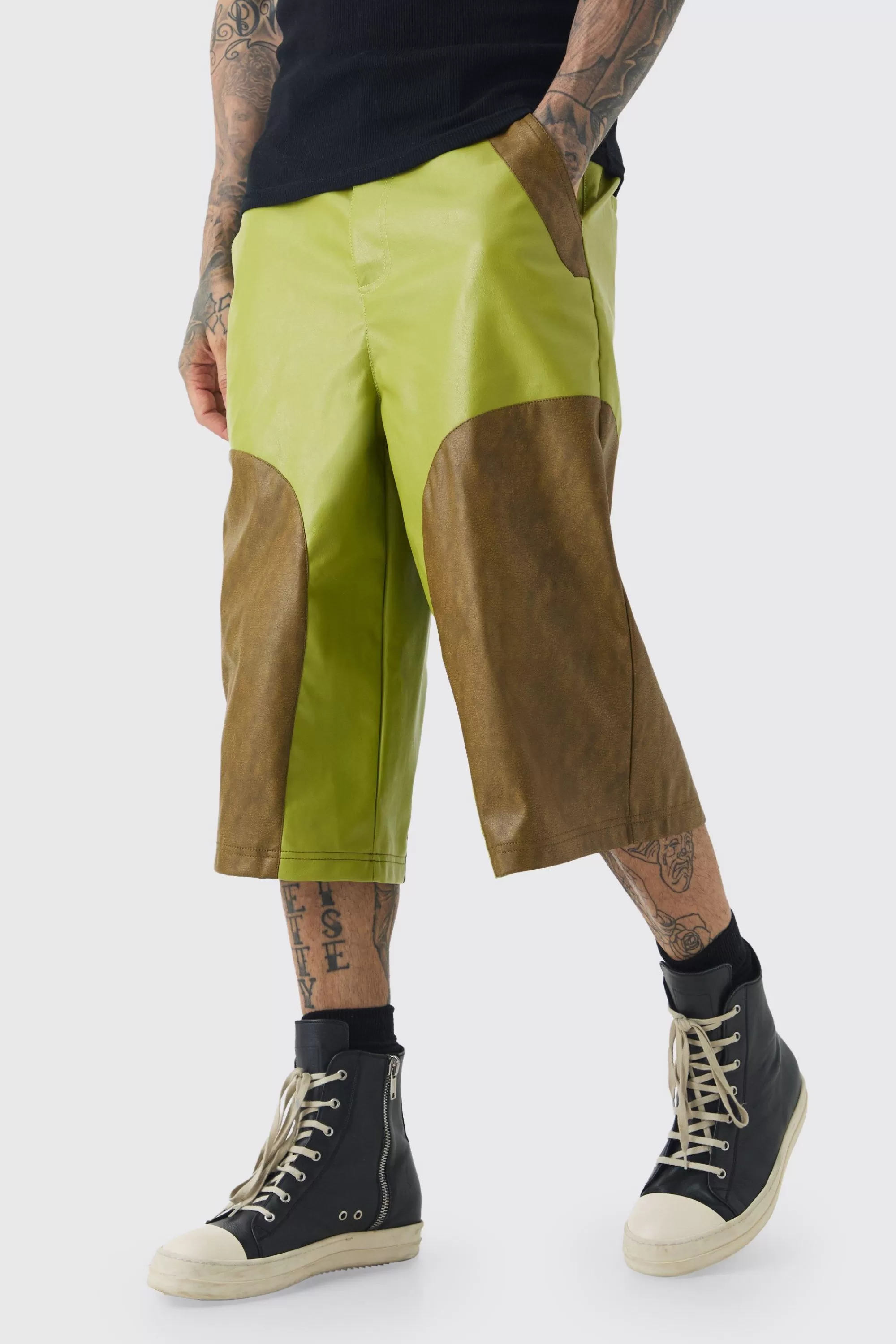 boohooMAN Tall Fixed Waist PU Colour Block Jorts | UK