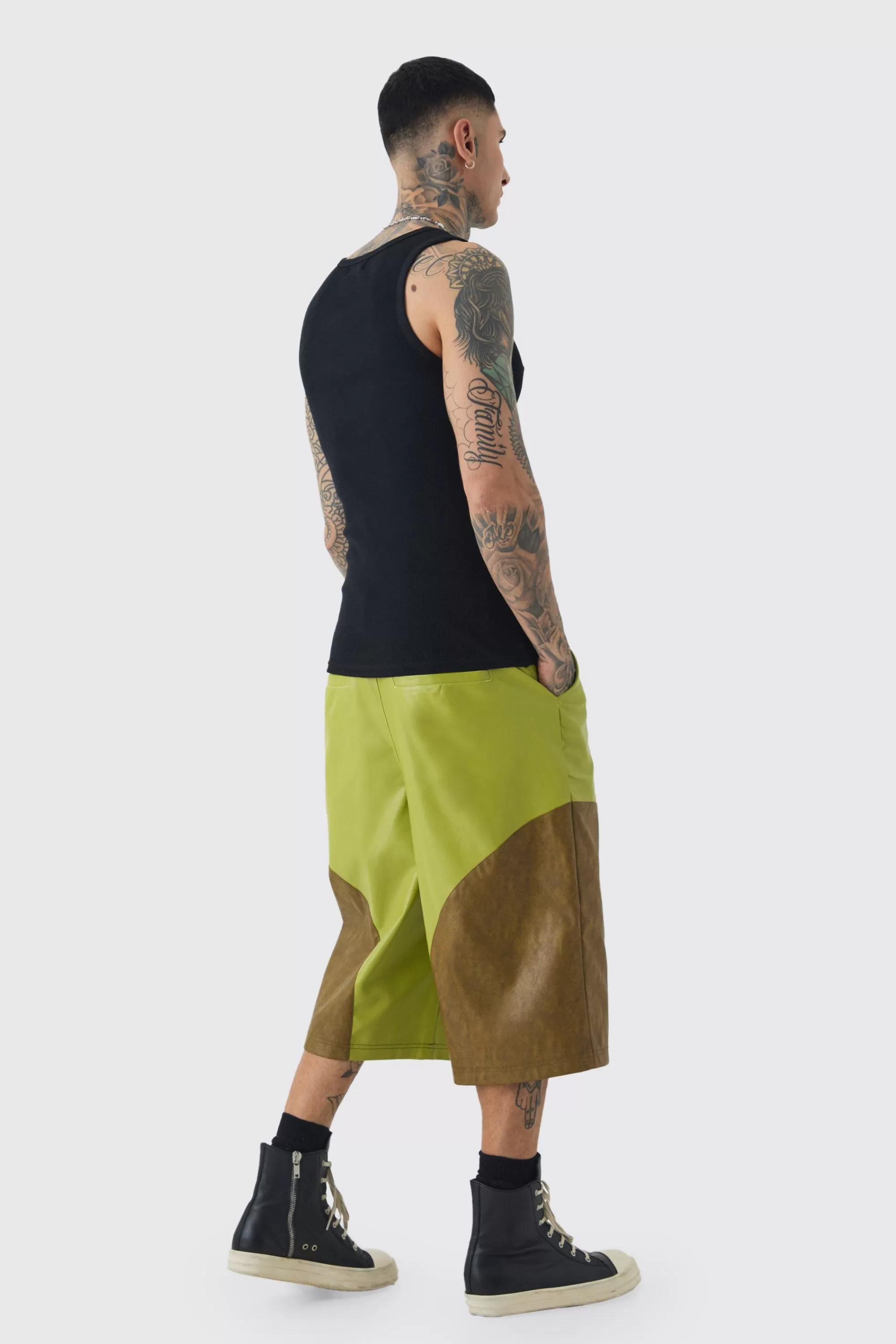 boohooMAN Tall Fixed Waist PU Colour Block Jorts | UK