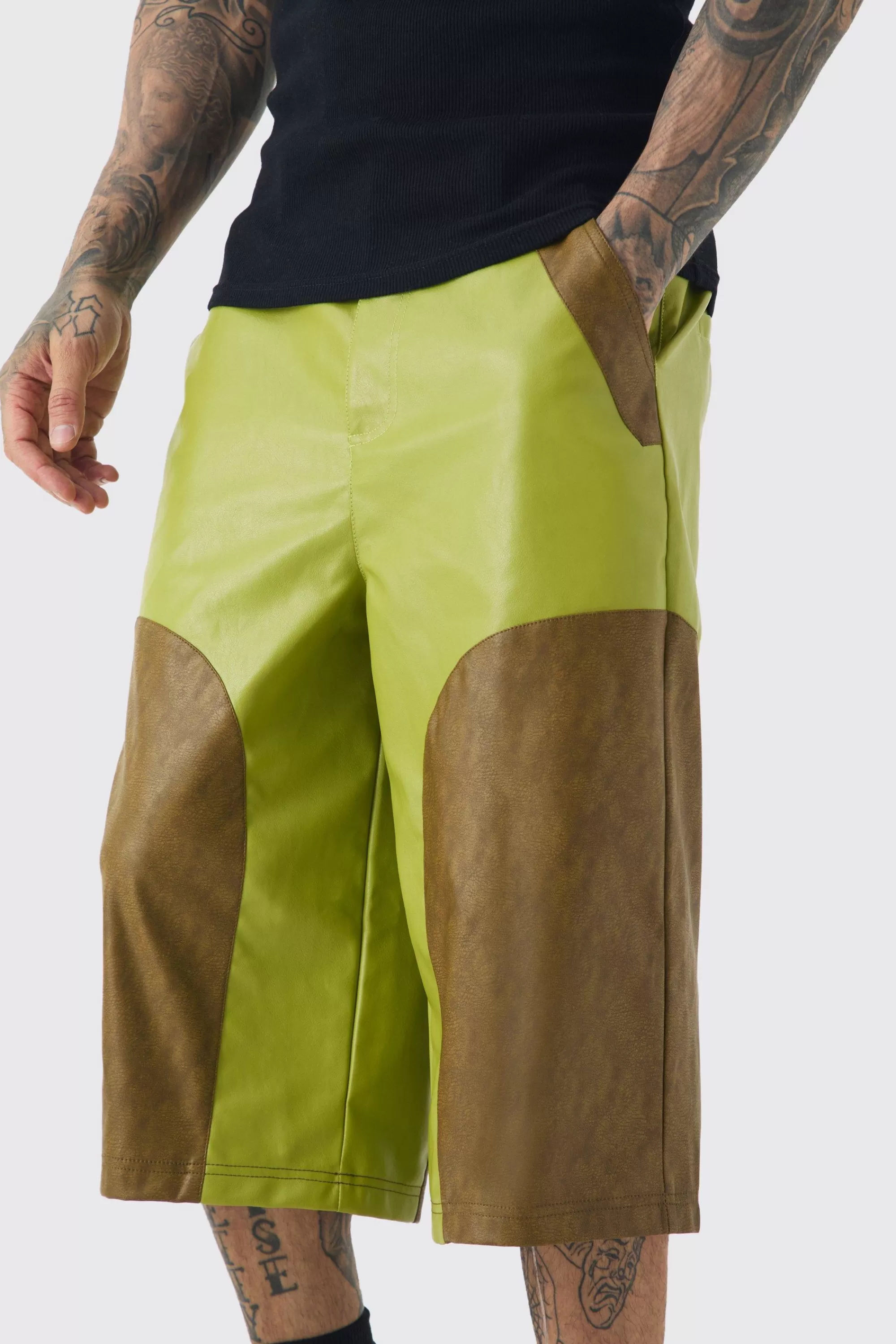 boohooMAN Tall Fixed Waist PU Colour Block Jorts | UK