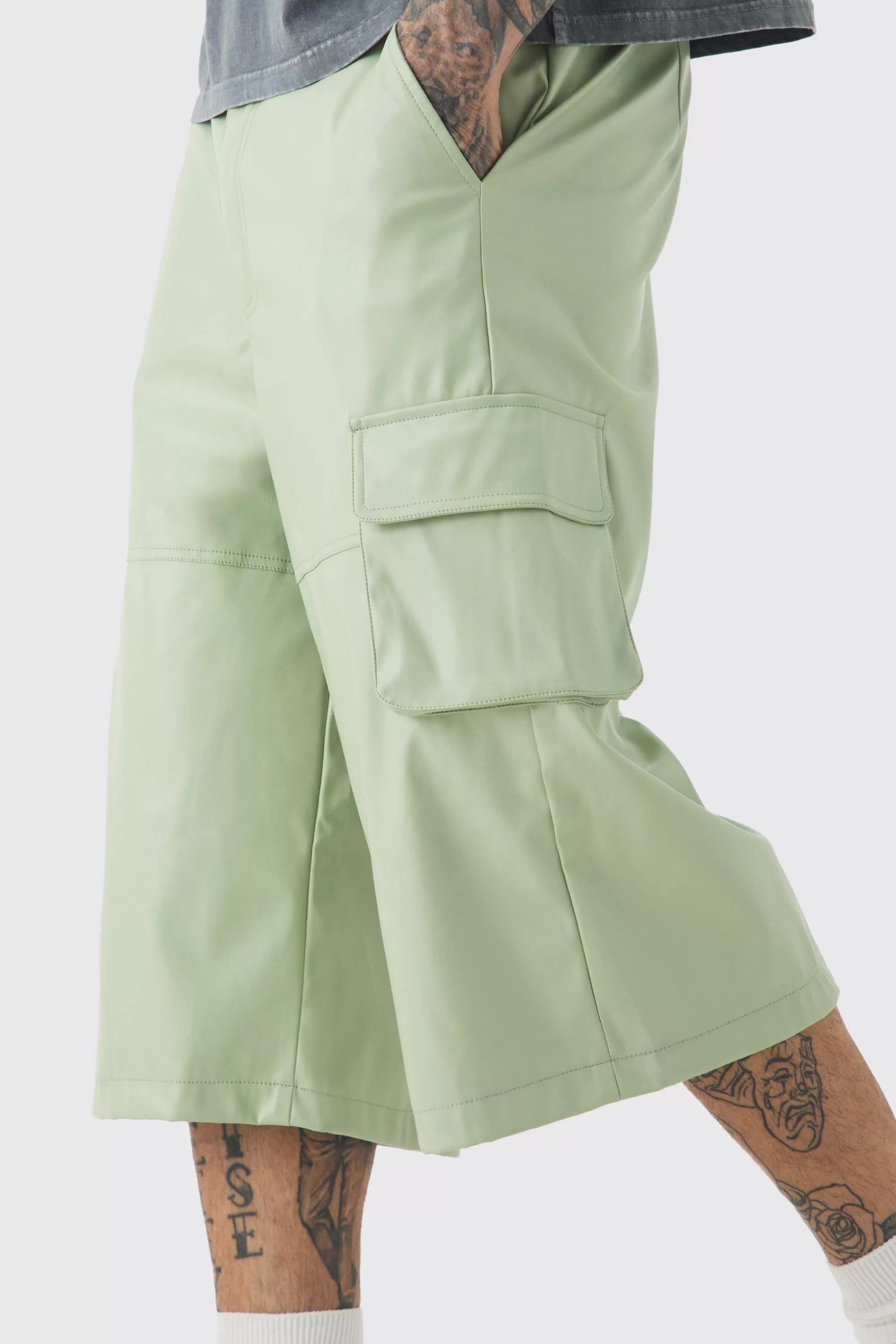 boohooMAN Tall Fixed Waist PU Panels Cargo Jorts | UK
