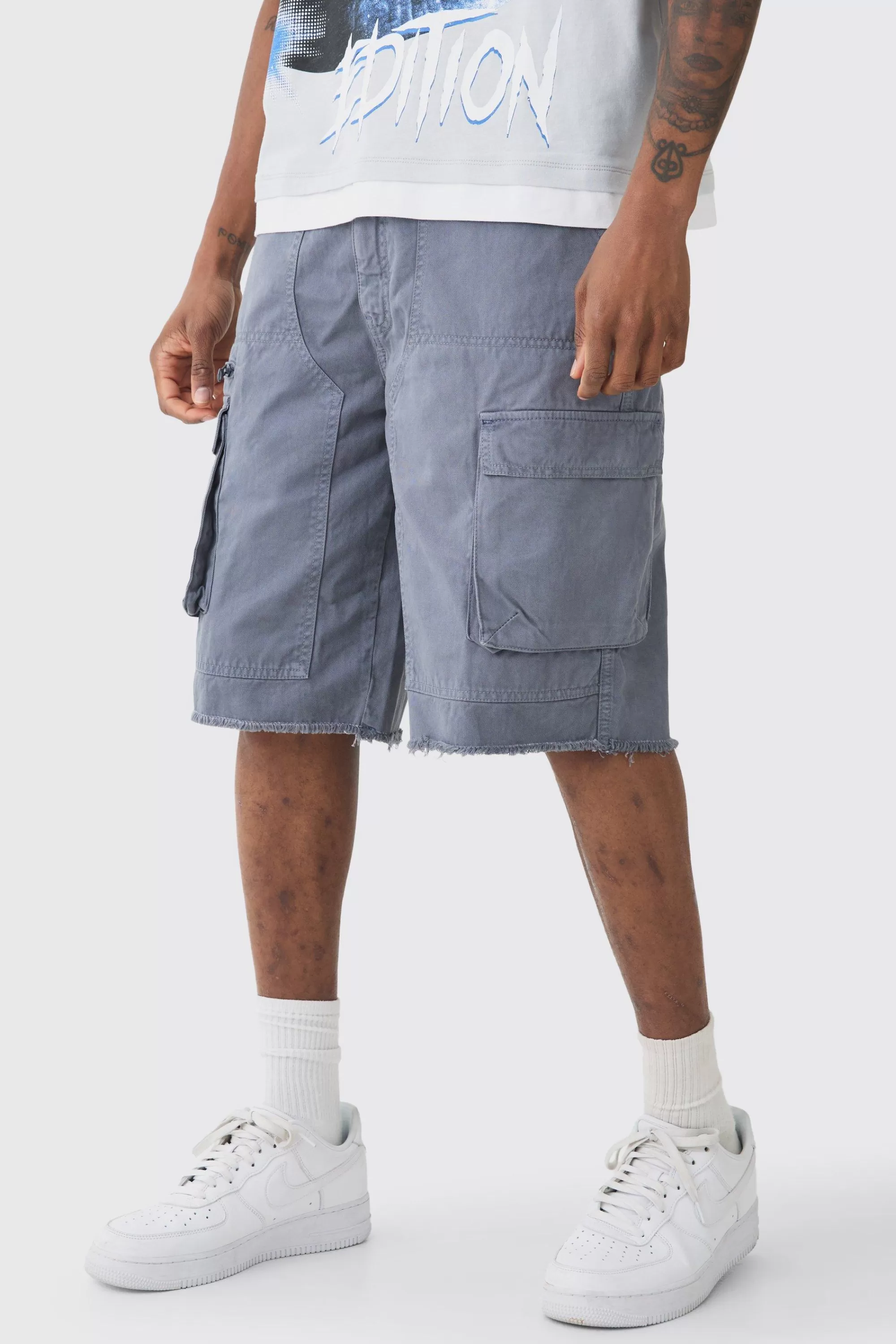 boohooMAN Tall Fixed Waist Raw Hem Relaxed Cargo Shorts | UK