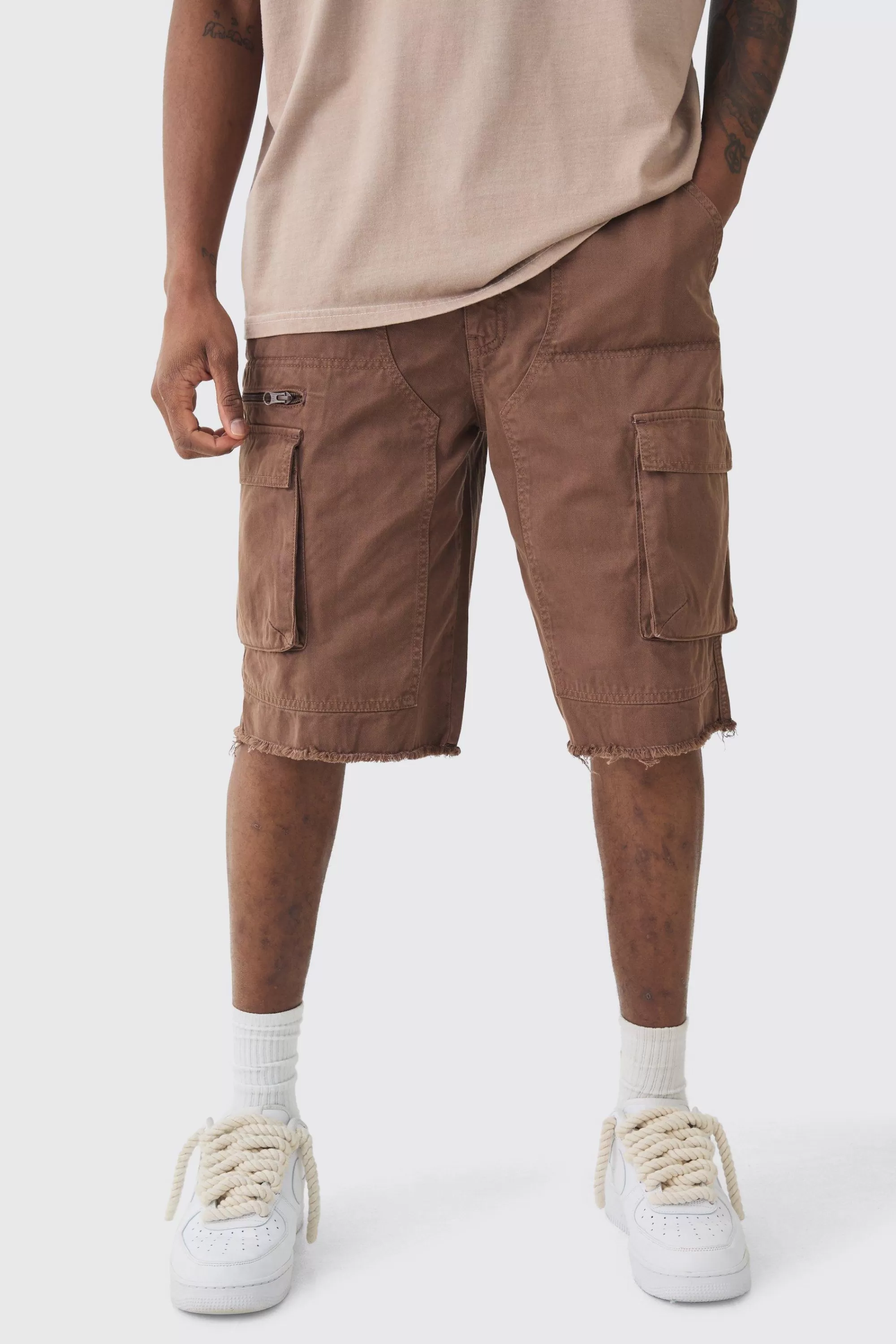 boohooMAN Tall Fixed Waist Raw Hem Relaxed Cargo Shorts | UK