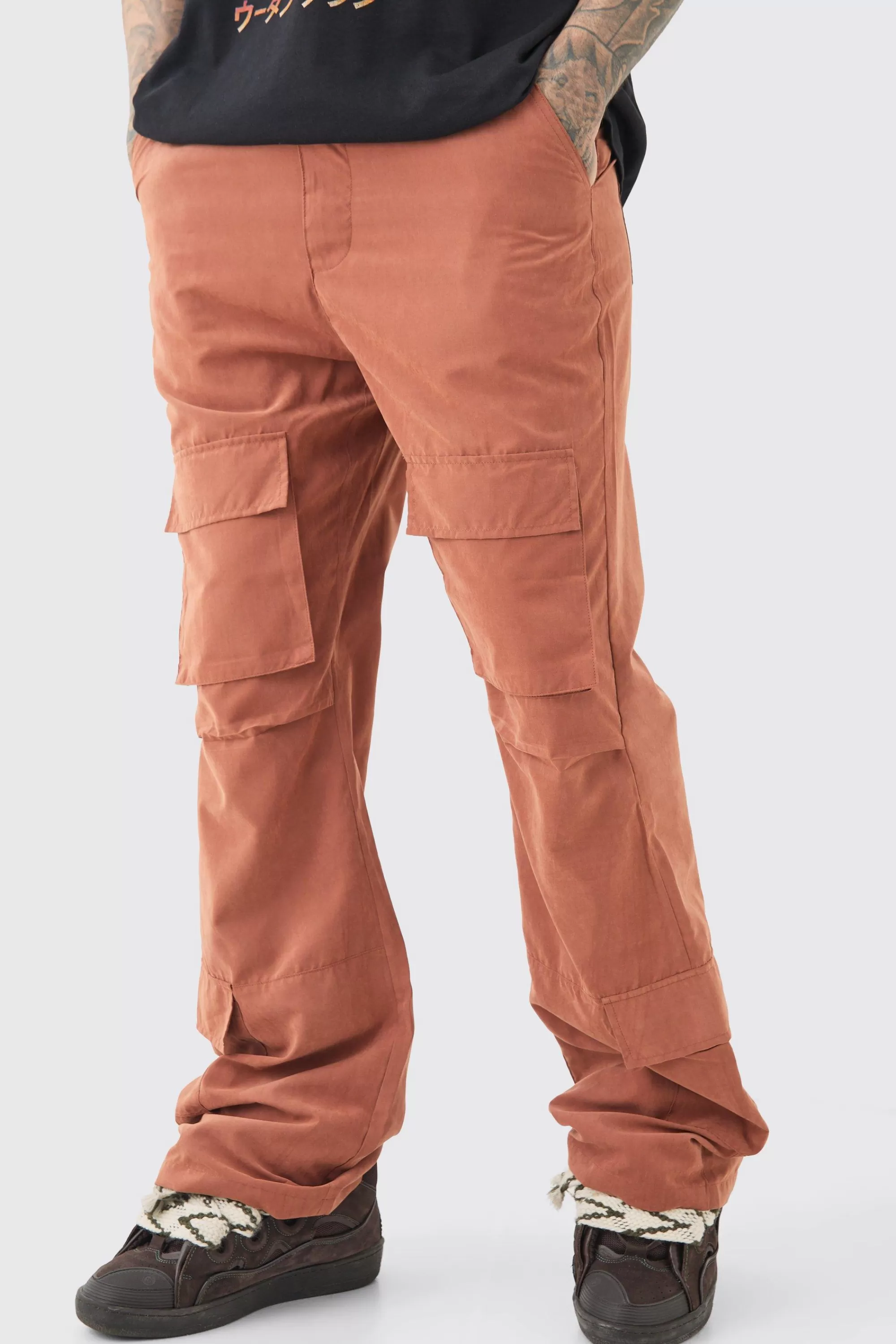 boohooMAN Tall Fixed Waist Relaxed Peached Flare Cargo Trouser | UK