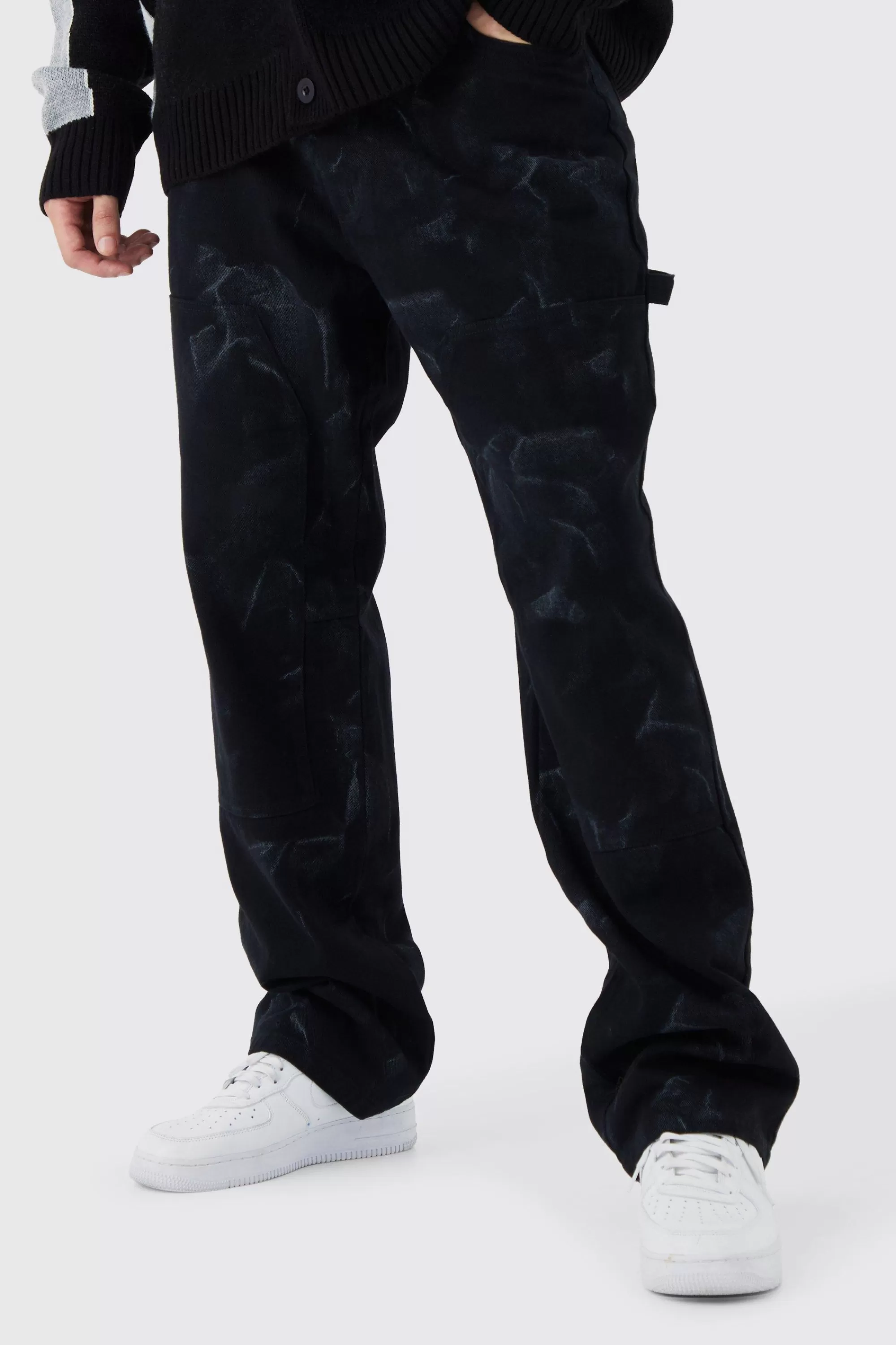 boohooMAN Tall Fixed Waist Relaxed Smoke Wash Carpenter Trouser | UK