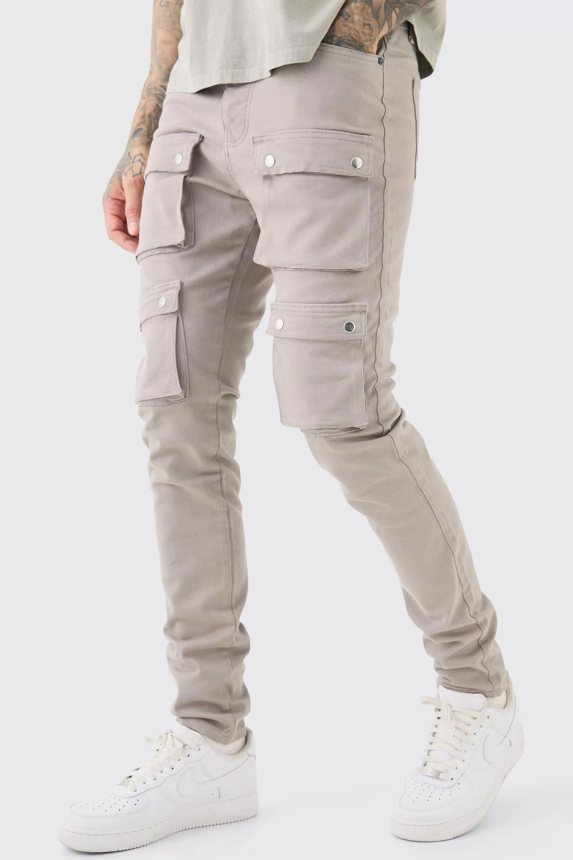 boohooMAN Tall Fixed Waist Skinny Multi Cargo Pocket Trouser | UK