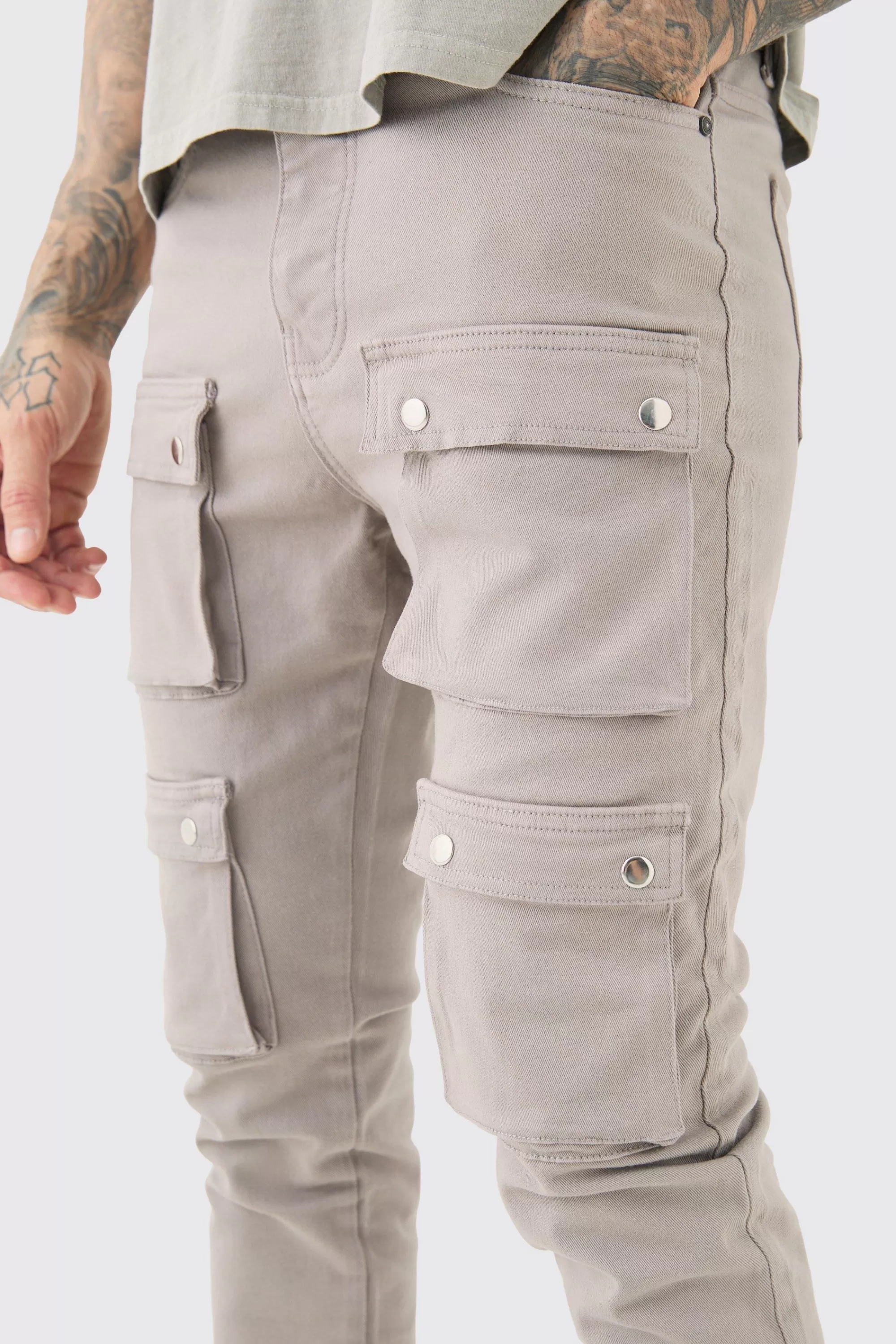 boohooMAN Tall Fixed Waist Skinny Multi Cargo Pocket Trouser | UK
