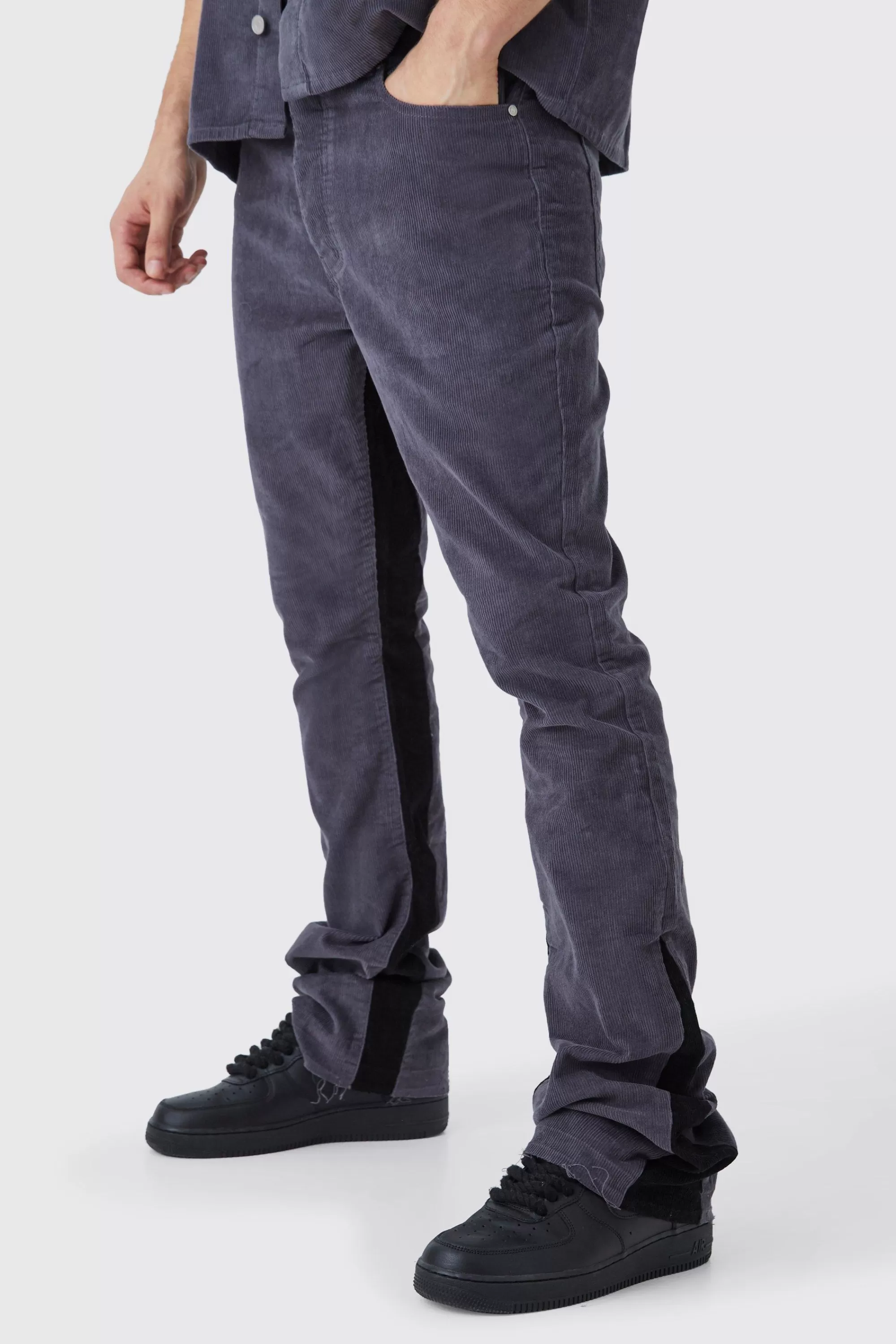boohooMAN Tall Fixed Waist Slim Flare Gusset Cord Trouser | UK