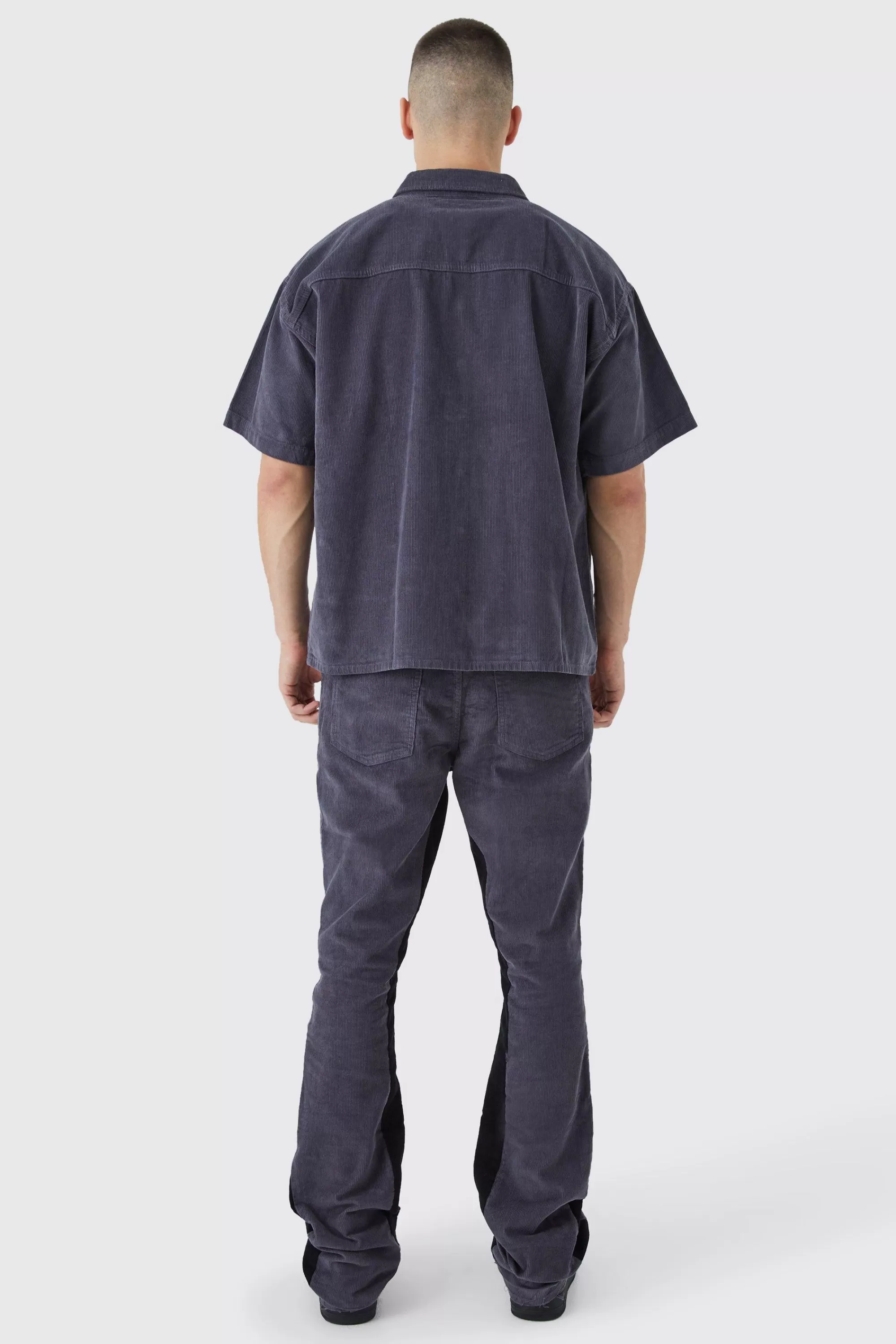 boohooMAN Tall Fixed Waist Slim Flare Gusset Cord Trouser | UK