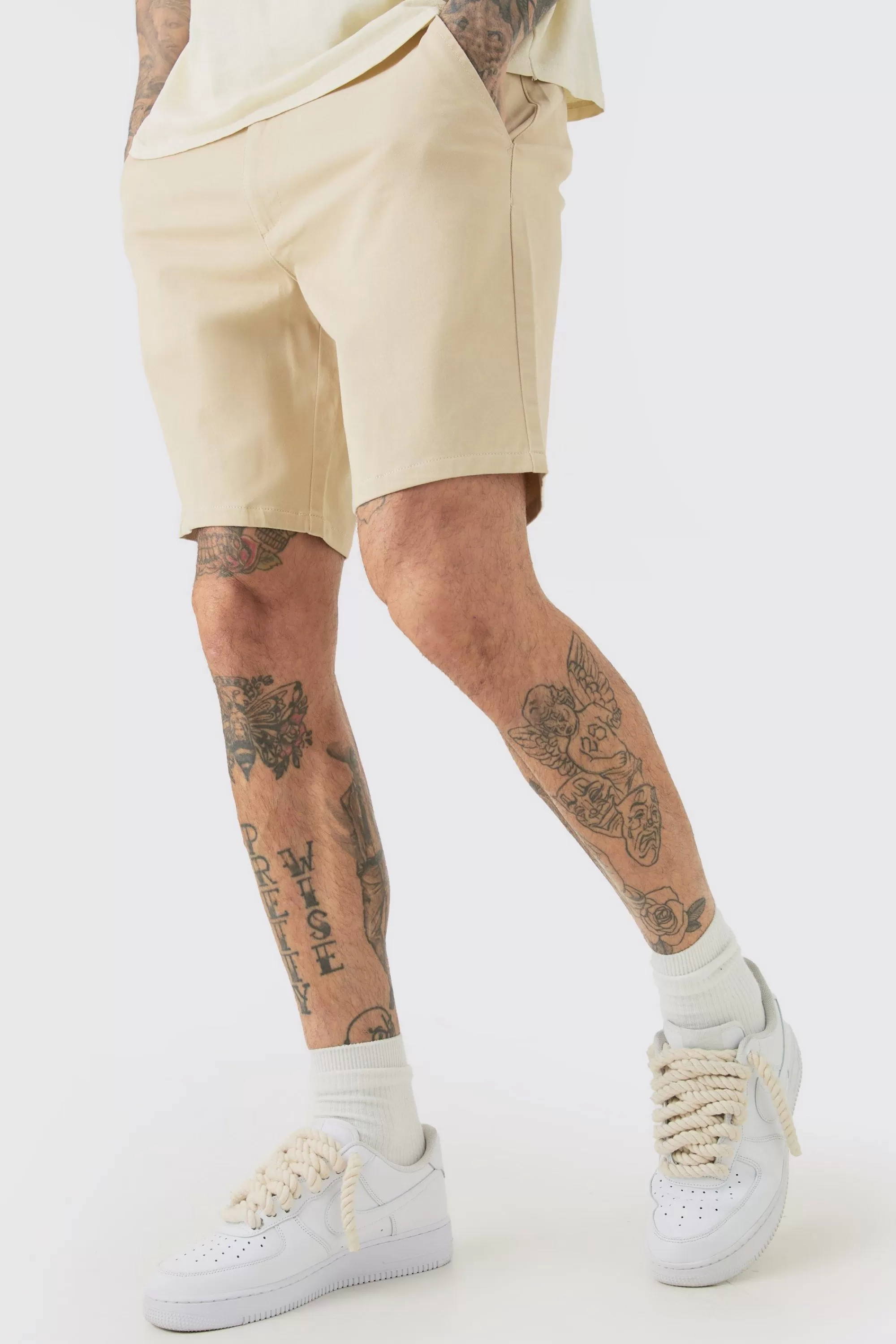 boohooMAN Tall Fixed Waist Slim Fit Chino Shorts | UK