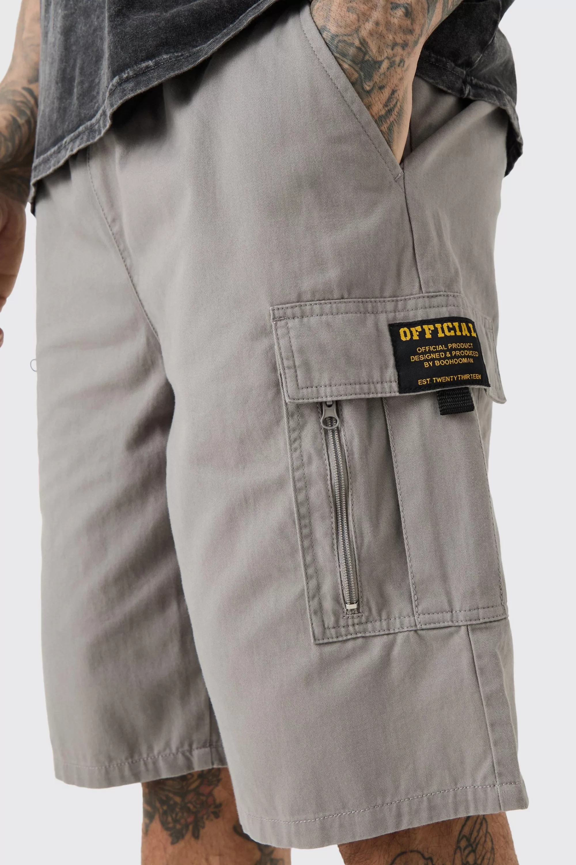 boohooMAN Tall Fixed Waist Twill Relaxed Cargo Zip Detail Tab Short | UK