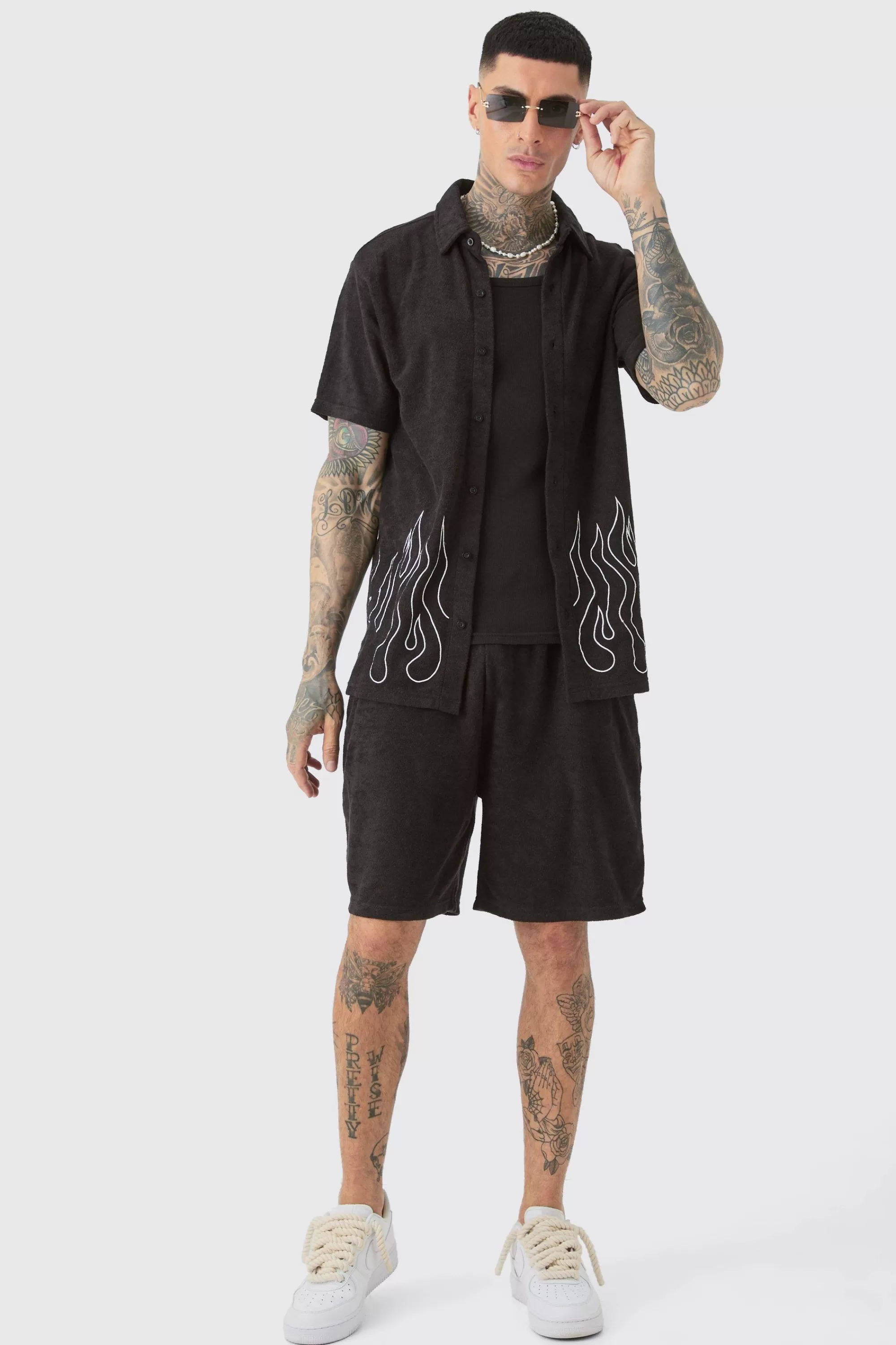 boohooMAN Tall Flame Embroidered Towelling Shirt & Short Set | UK