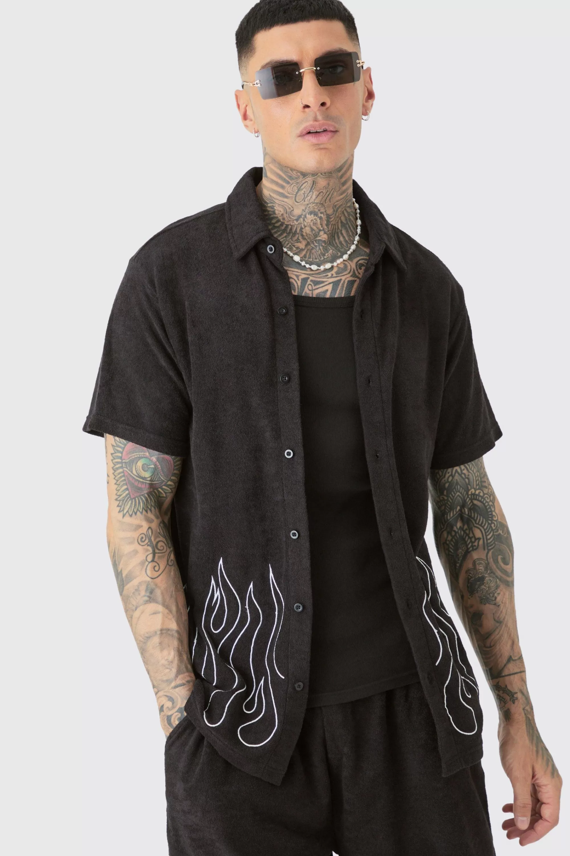 boohooMAN Tall Flame Embroidered Towelling Shirt & Short Set | UK
