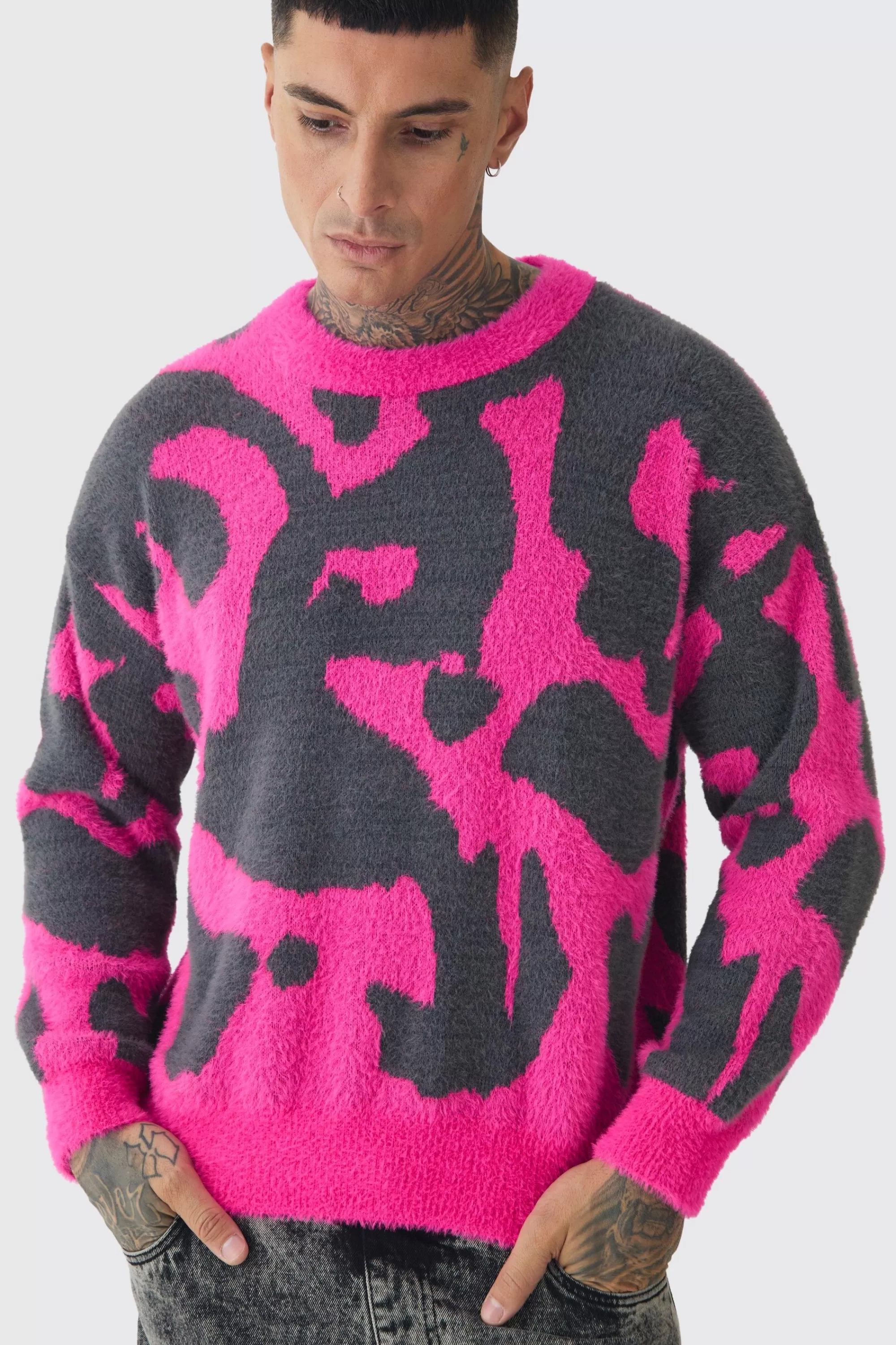 boohooMAN Tall Fluffy Knit Abstract Sweatshirt | UK