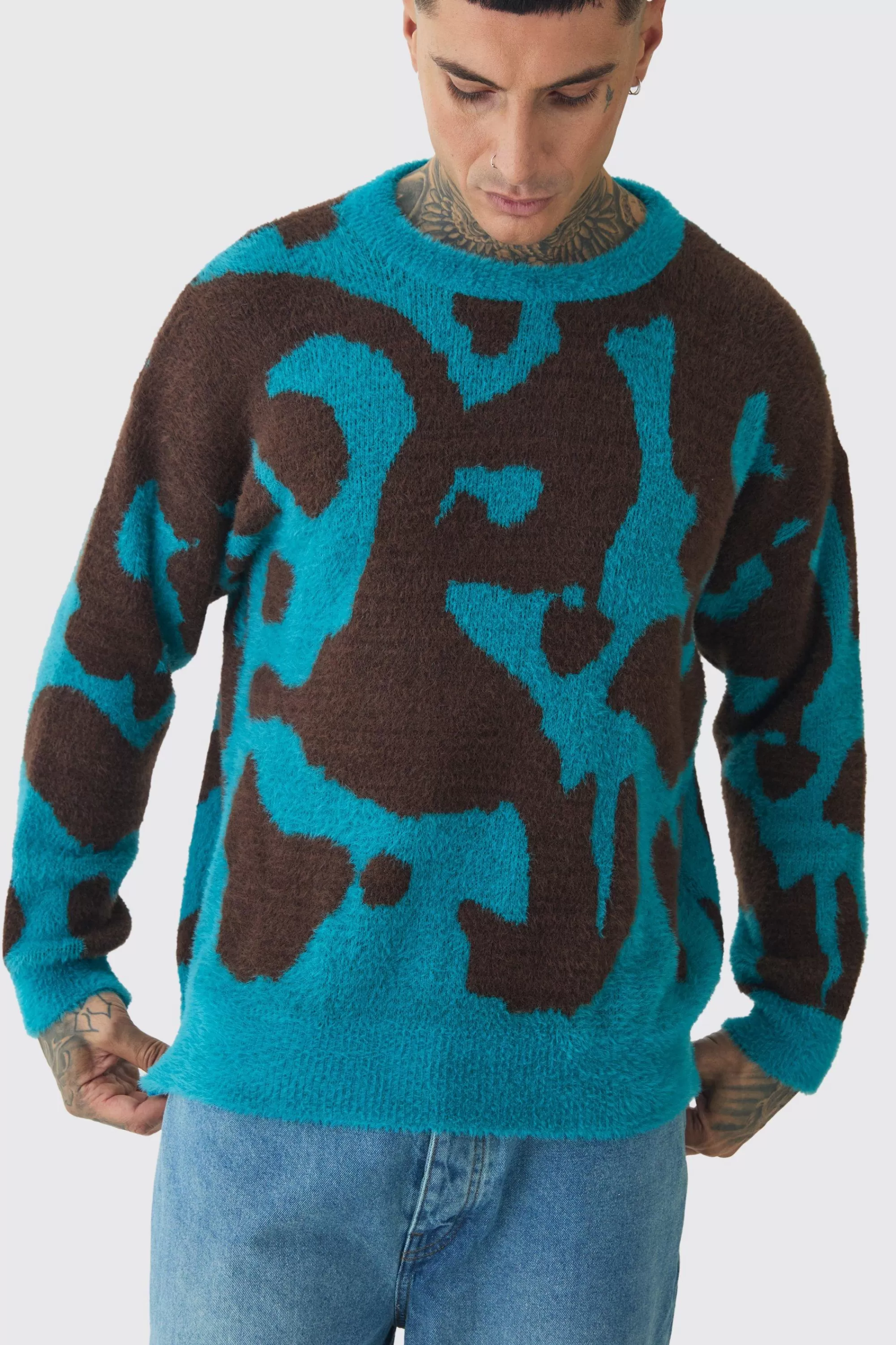 boohooMAN Tall Fluffy Knit Abstract Sweatshirt | UK