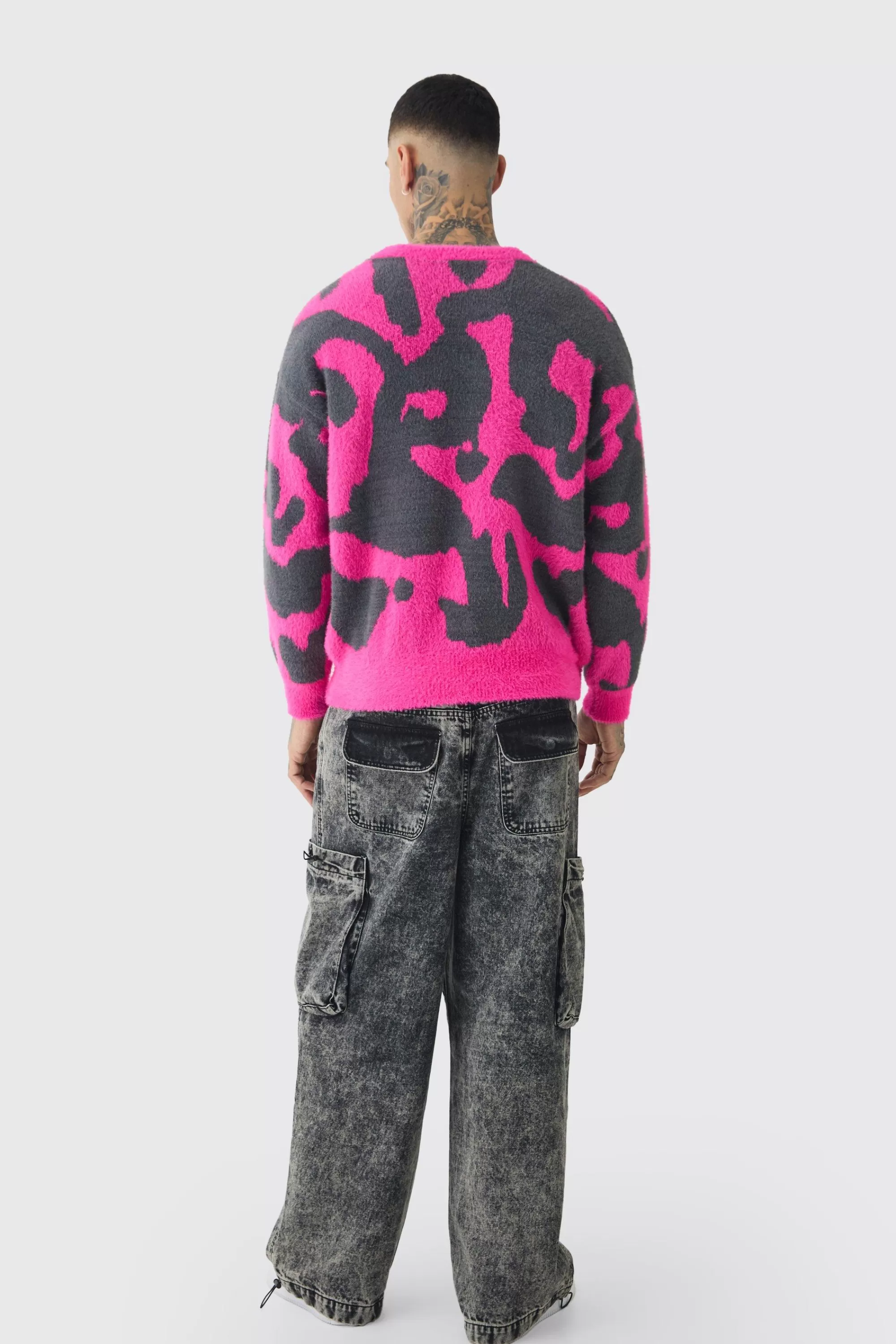 boohooMAN Tall Fluffy Knit Abstract Sweatshirt | UK