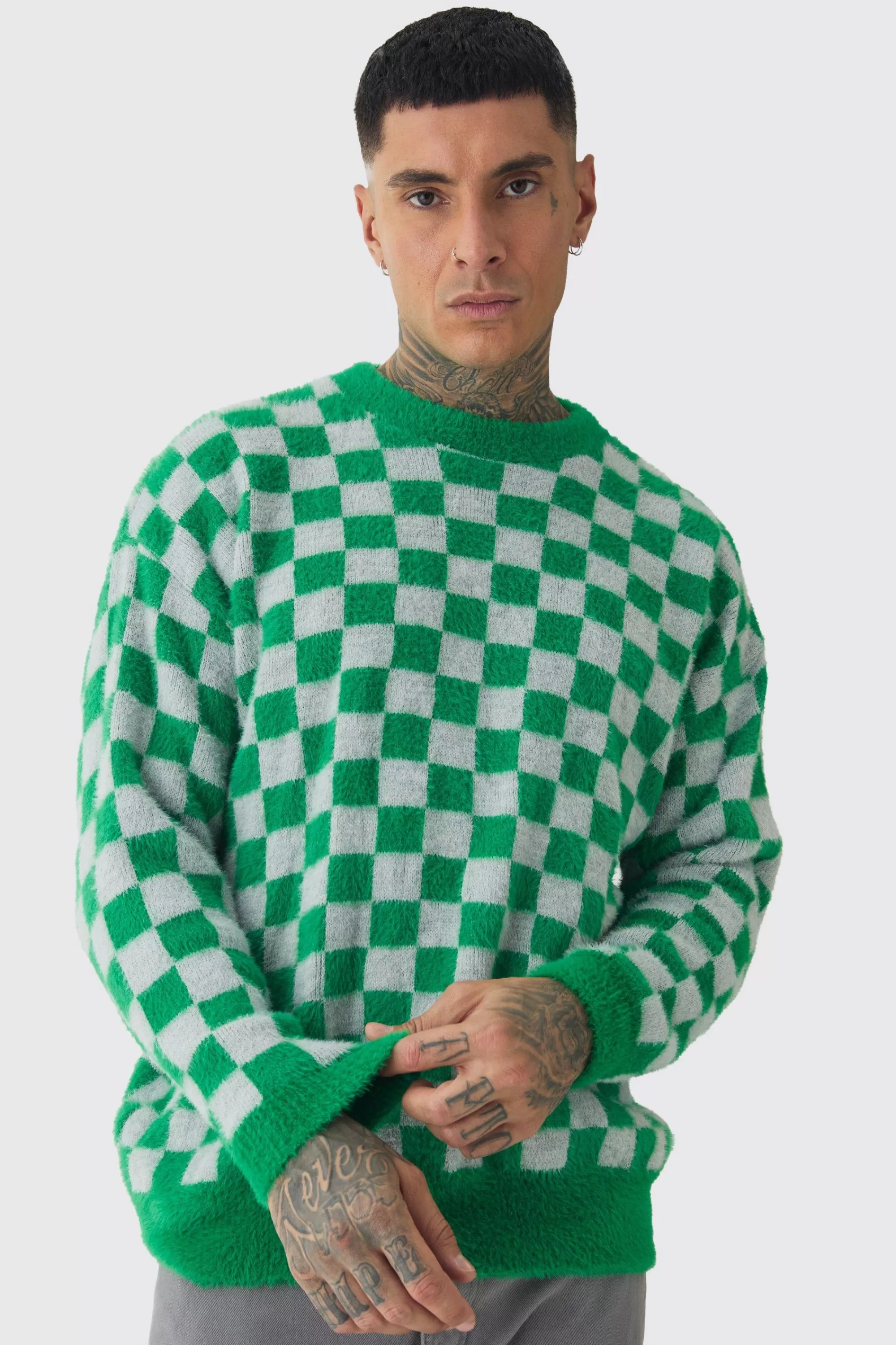 boohooMAN Tall Fluffy Knit Checkered Sweatshirt | UK