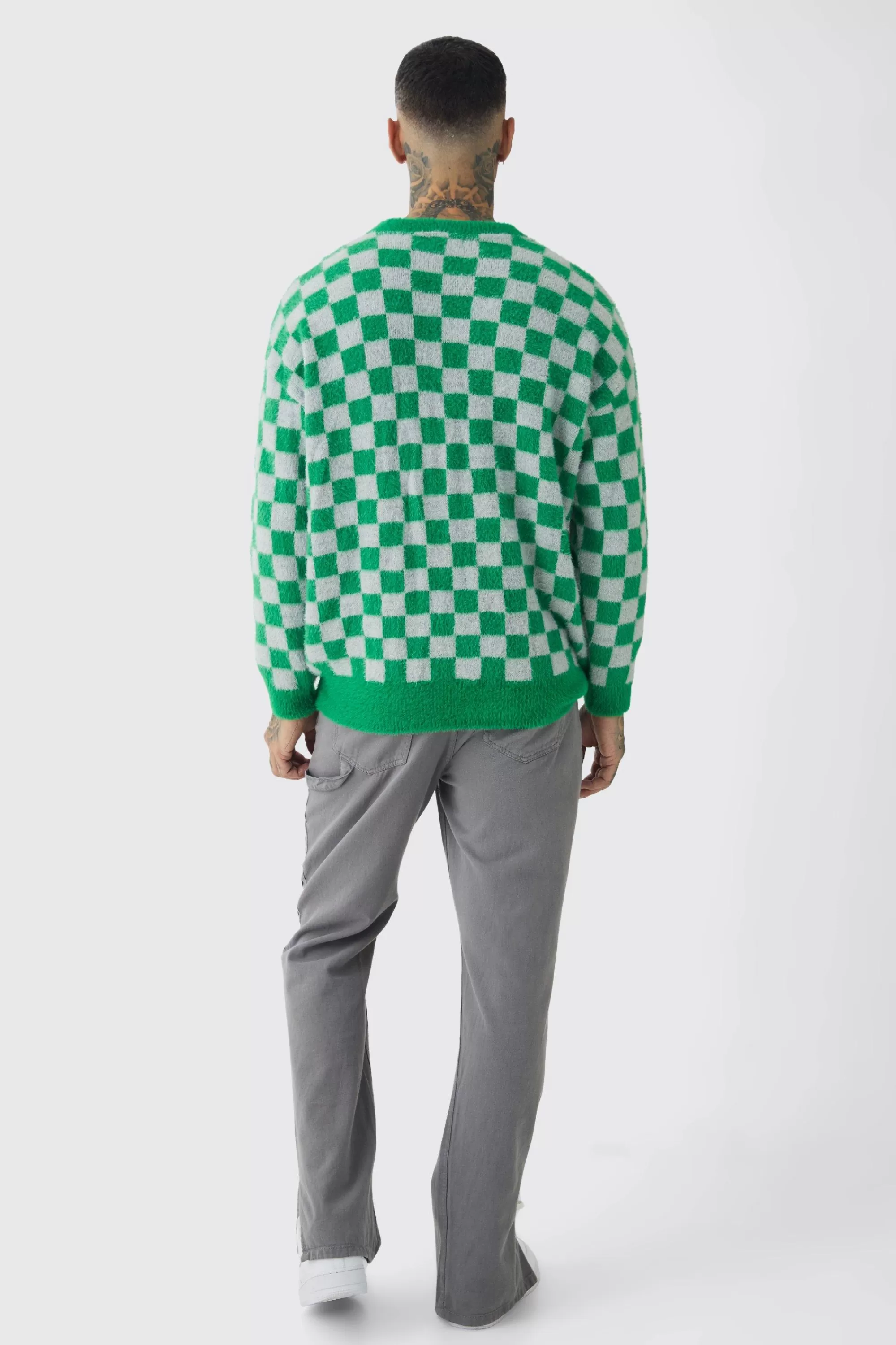 boohooMAN Tall Fluffy Knit Checkered Sweatshirt | UK