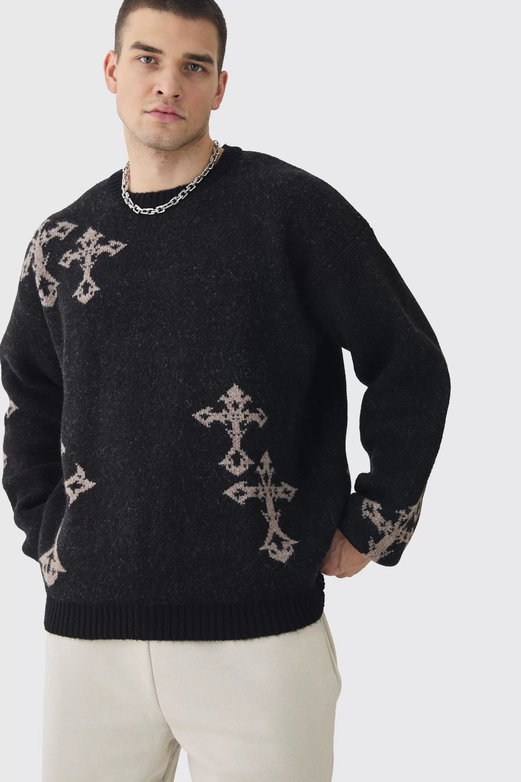 boohooMAN Tall Gothic Cross Oversized Fluffy Knitted Sweat | UK