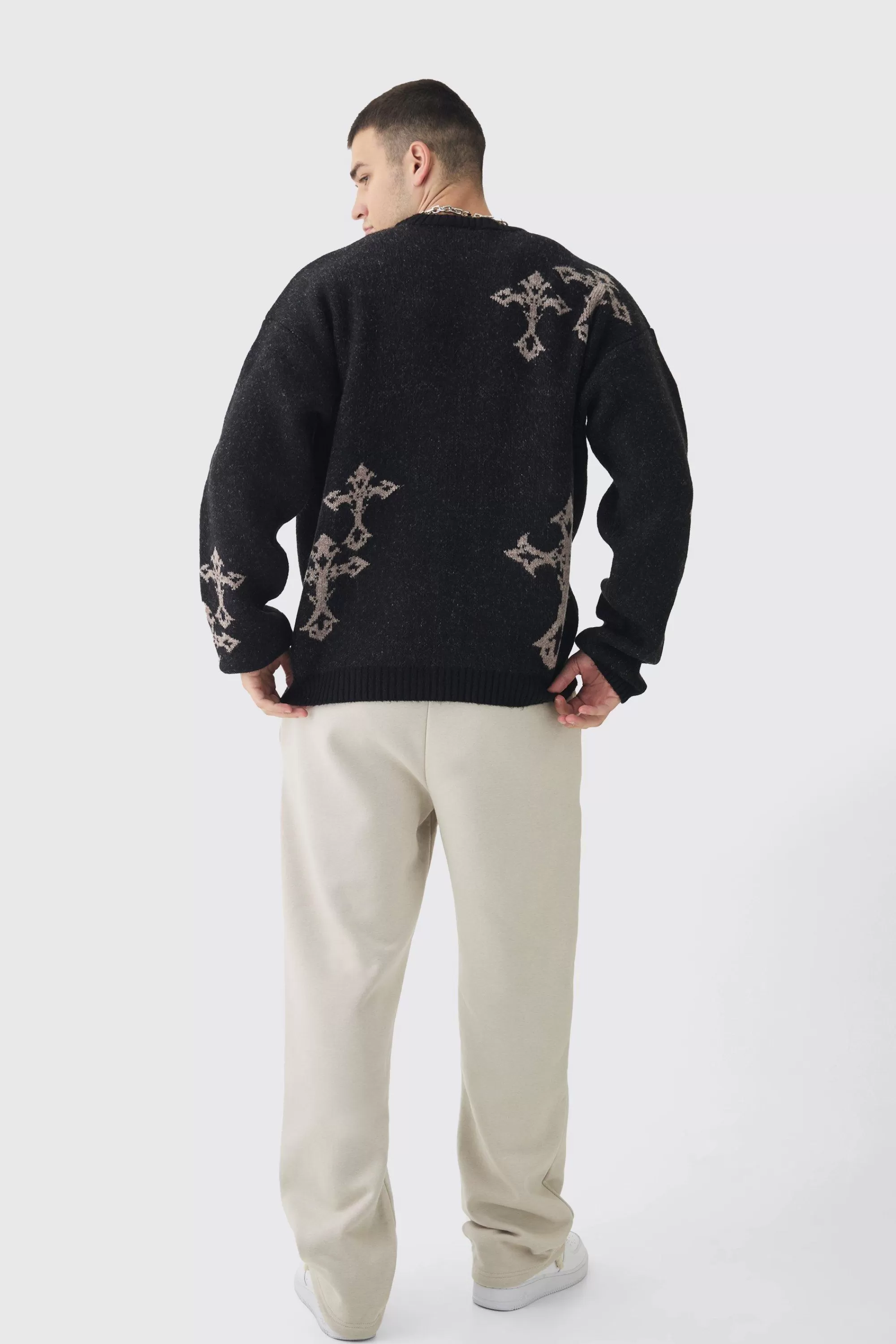 boohooMAN Tall Gothic Cross Oversized Fluffy Knitted Sweat | UK