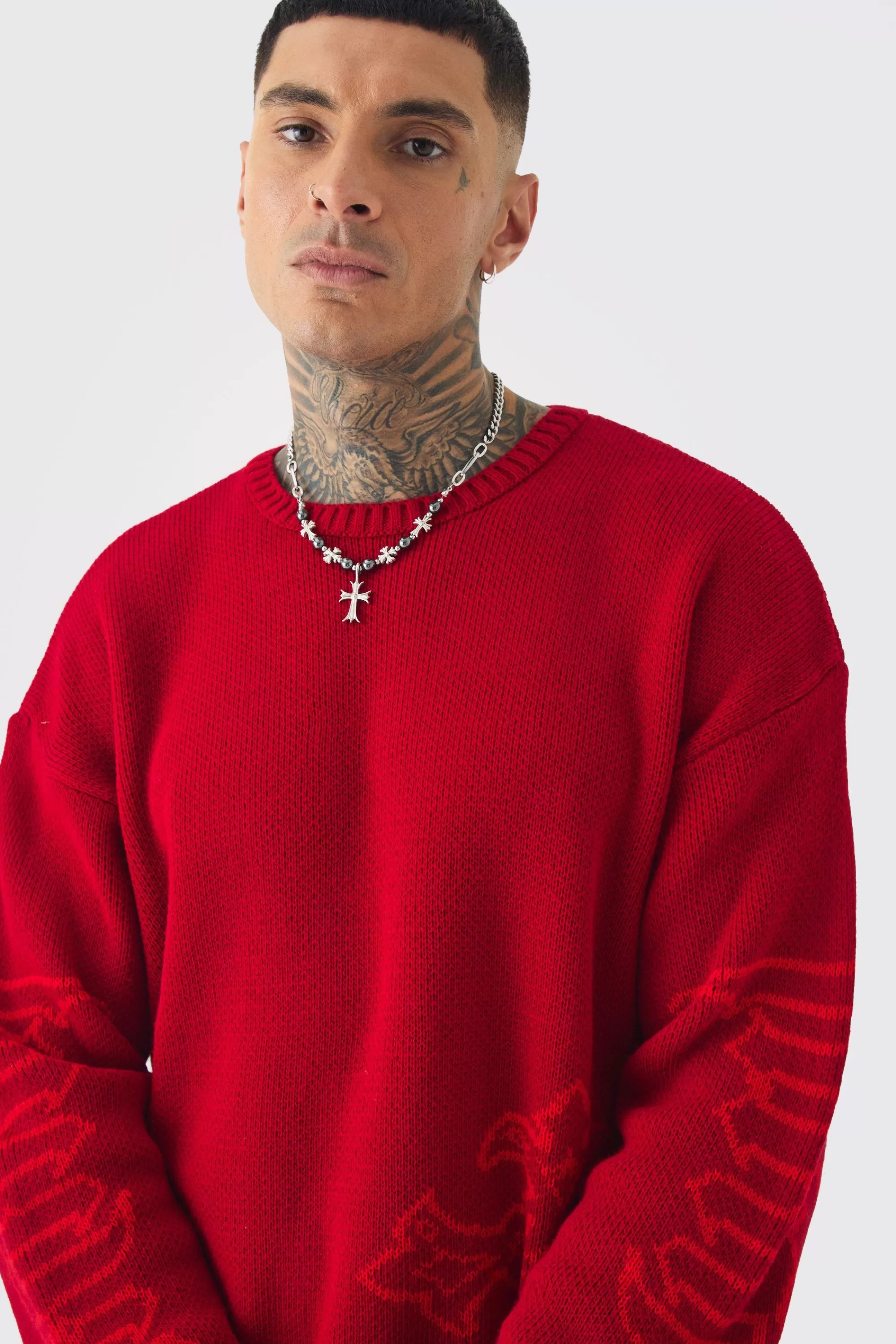 boohooMAN Tall Gothic Cross Oversized Knitted Sweat | UK
