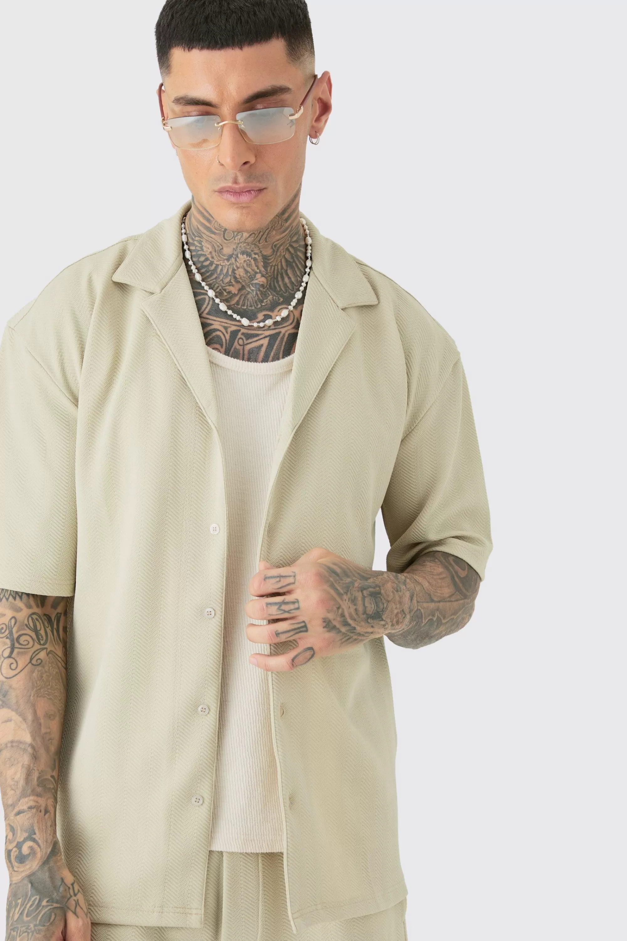 boohooMAN Tall Herringbone Detail Shirt & Short Set In | UK