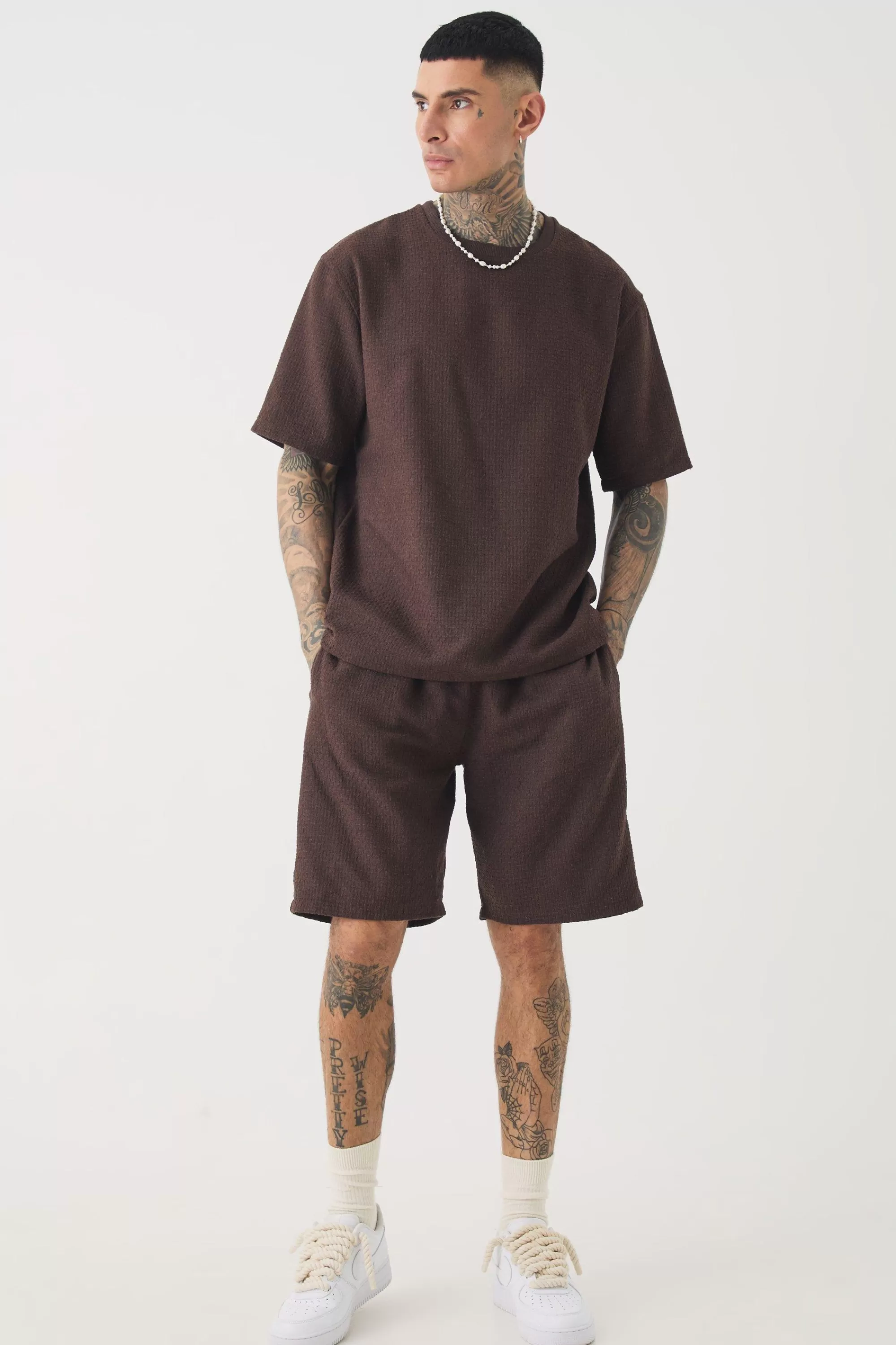 boohooMAN Tall Jacquard T-shirt & Relaxed Short Set | UK
