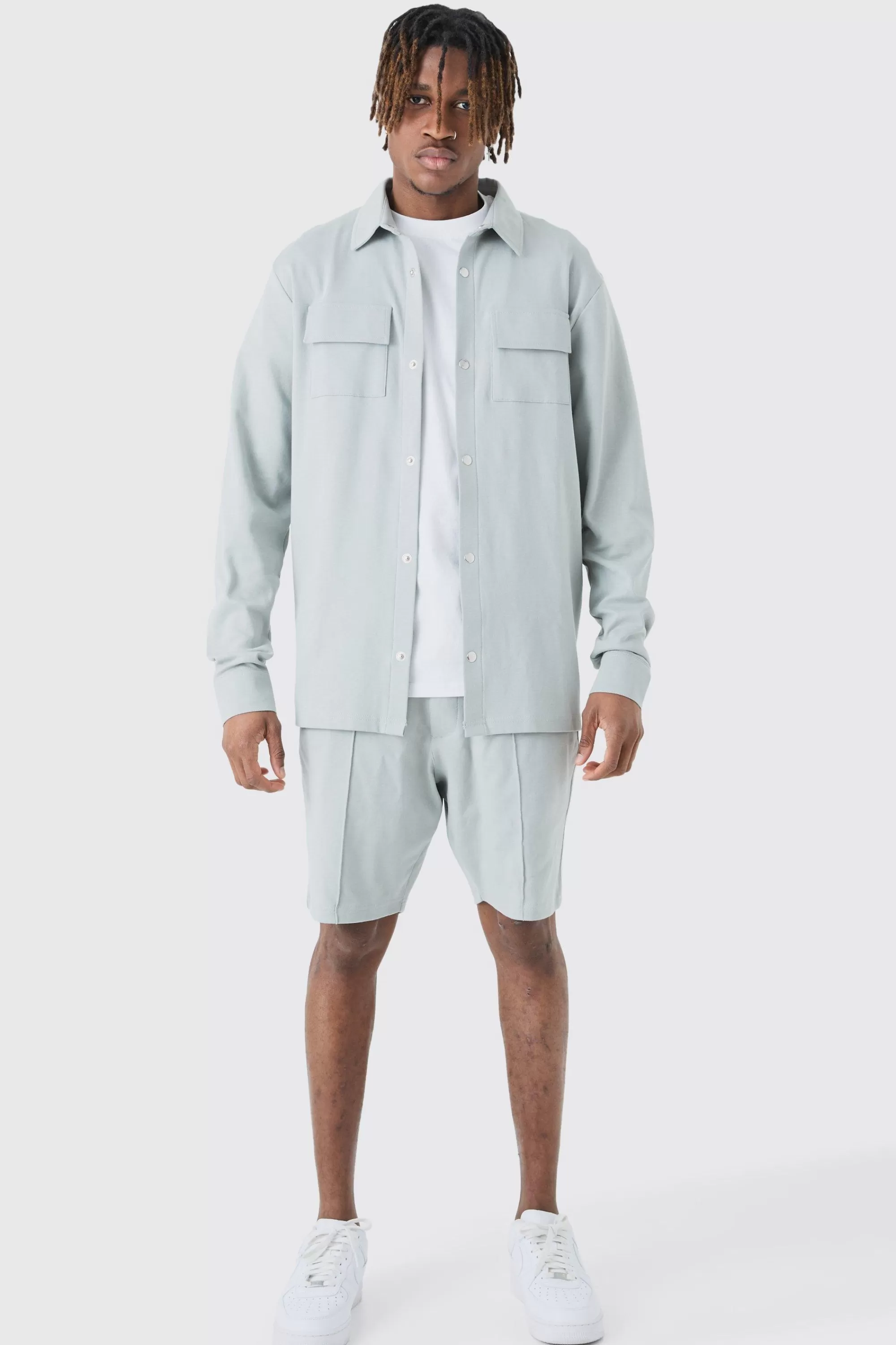 boohooMAN Tall Jersey Shirt & Fixed Waistband Short Set | UK