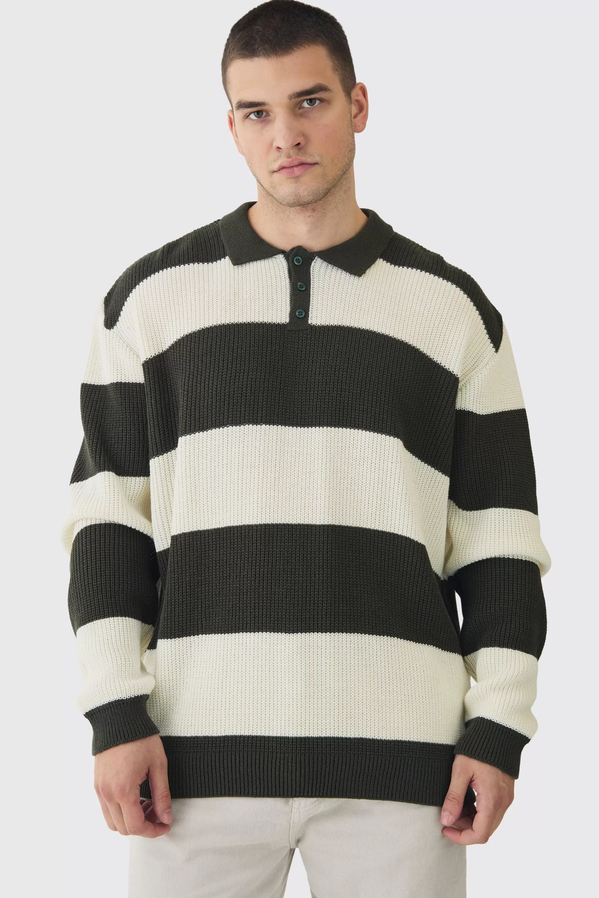 boohooMAN Tall Knitted Stripe Rugby Polo | UK