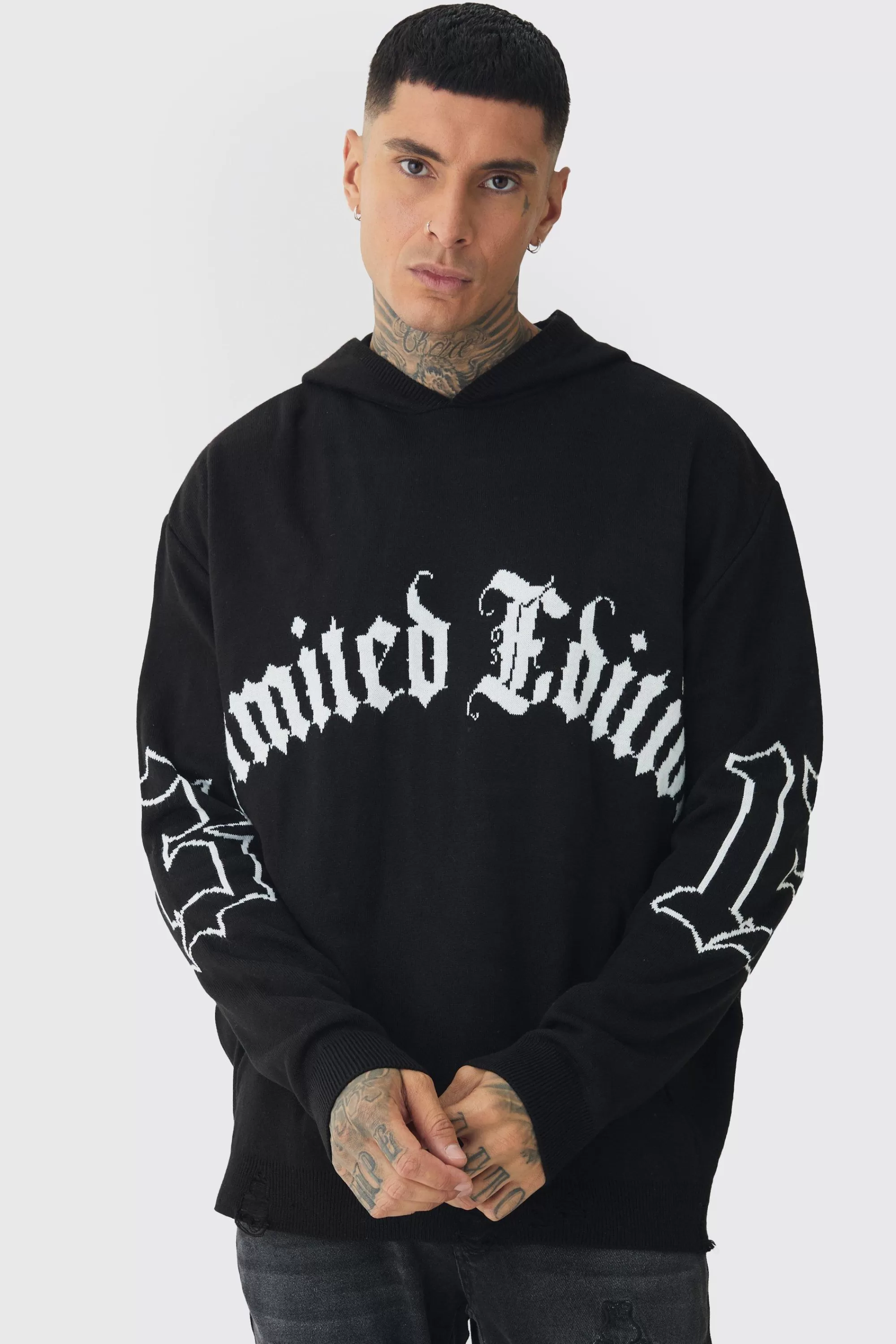 boohooMAN Tall Limited Edition Distressed Knitted Hoodie | UK