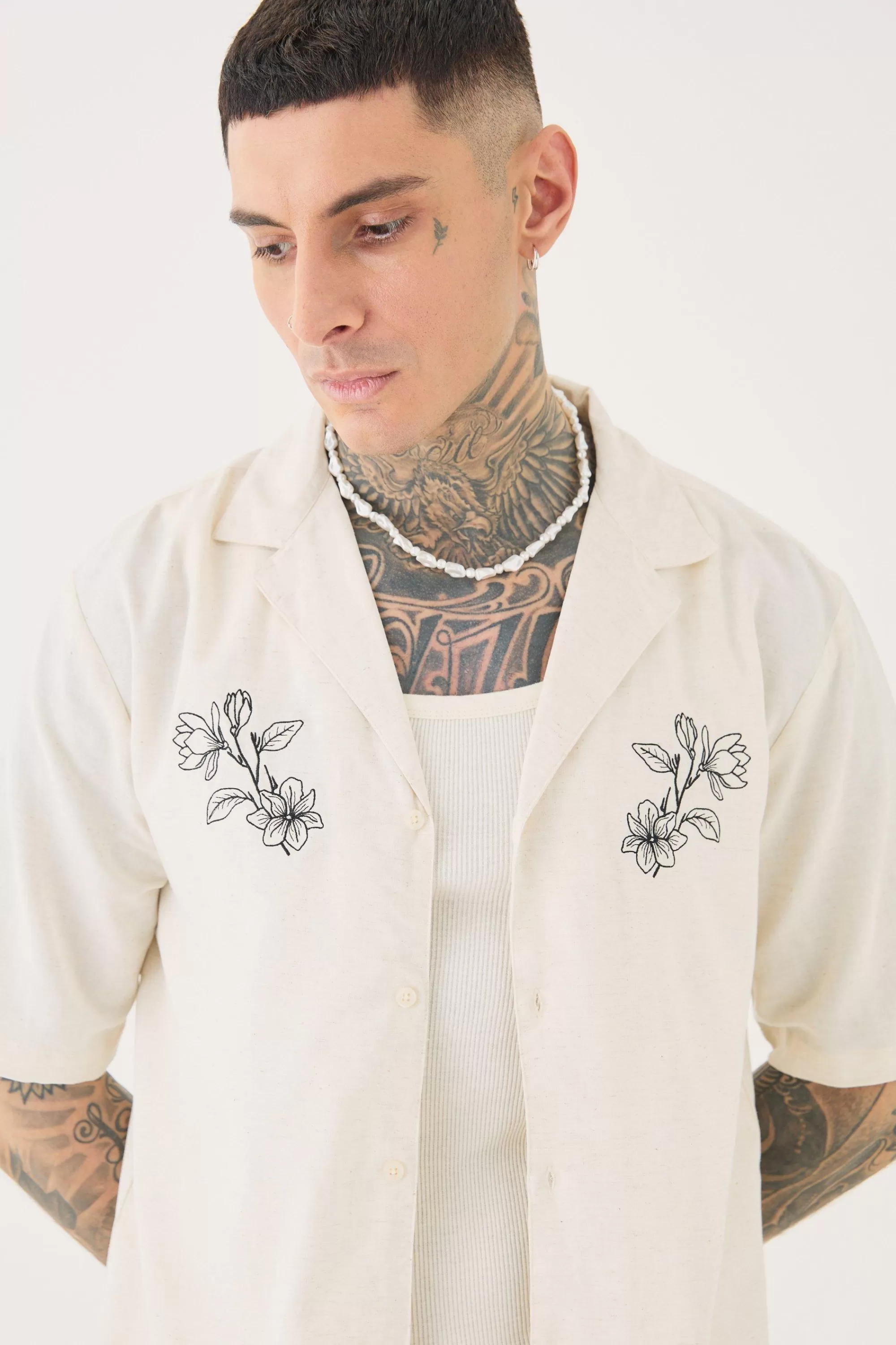 boohooMAN Tall Linen Embroidered Drop Revere Shirt In | UK