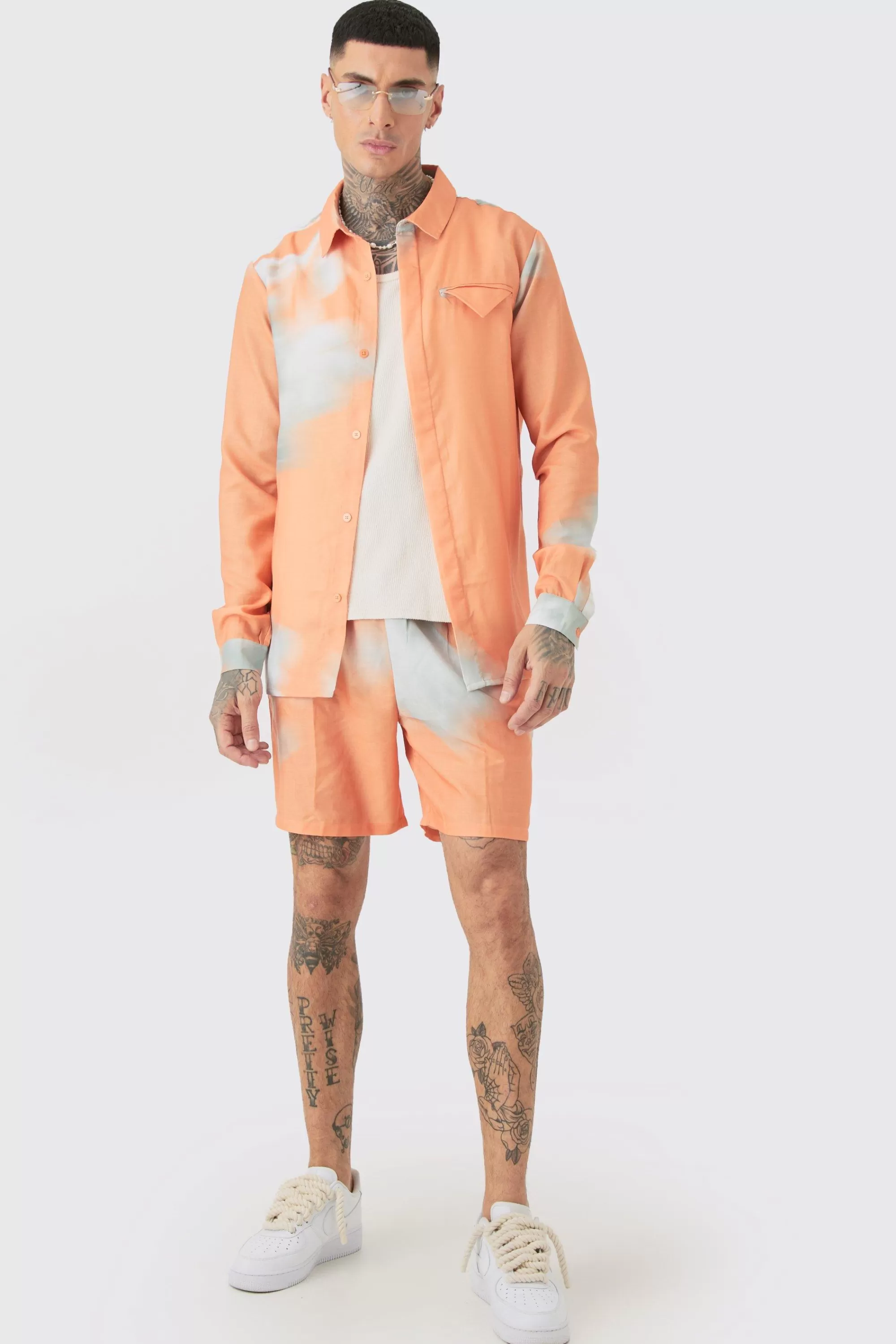 boohooMAN Tall Linen Look Pocket Detail Abstract Shirt & Short Set | UK