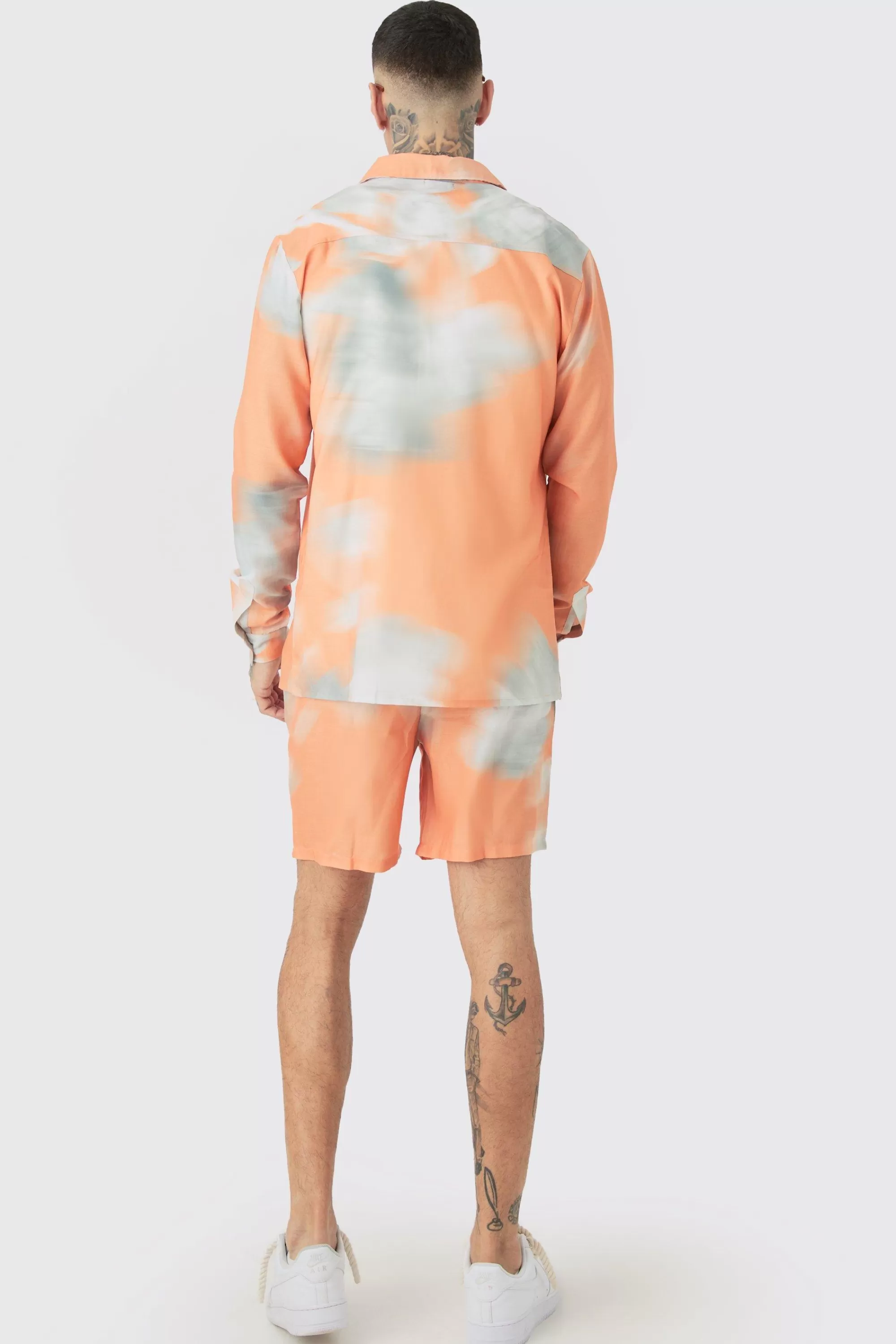 boohooMAN Tall Linen Look Pocket Detail Abstract Shirt & Short Set | UK