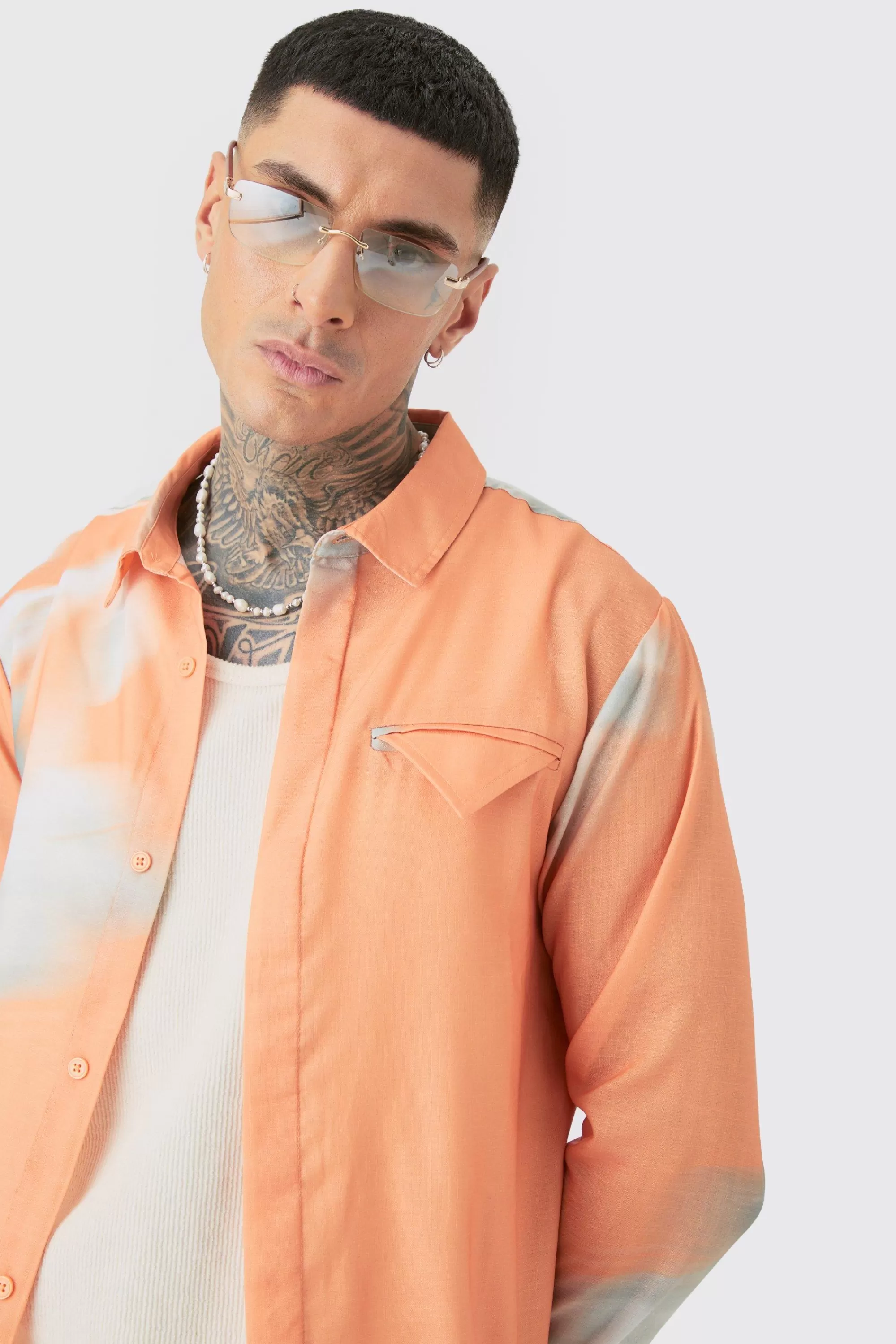 boohooMAN Tall Linen Look Pocket Detail Abstract Shirt & Short Set | UK