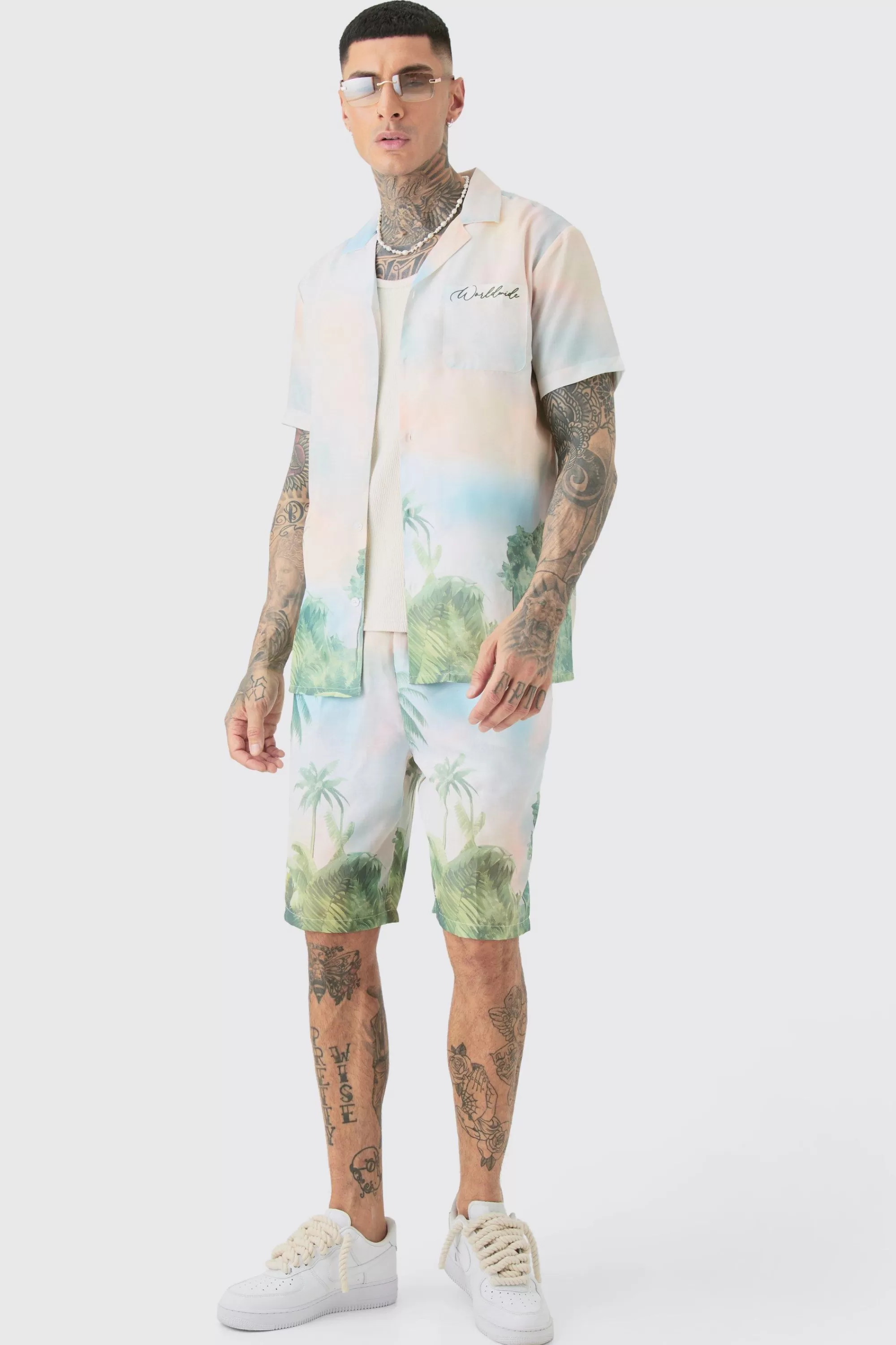 boohooMAN Tall Linen Look Watercolour Landscape Shirt & Short Set | UK