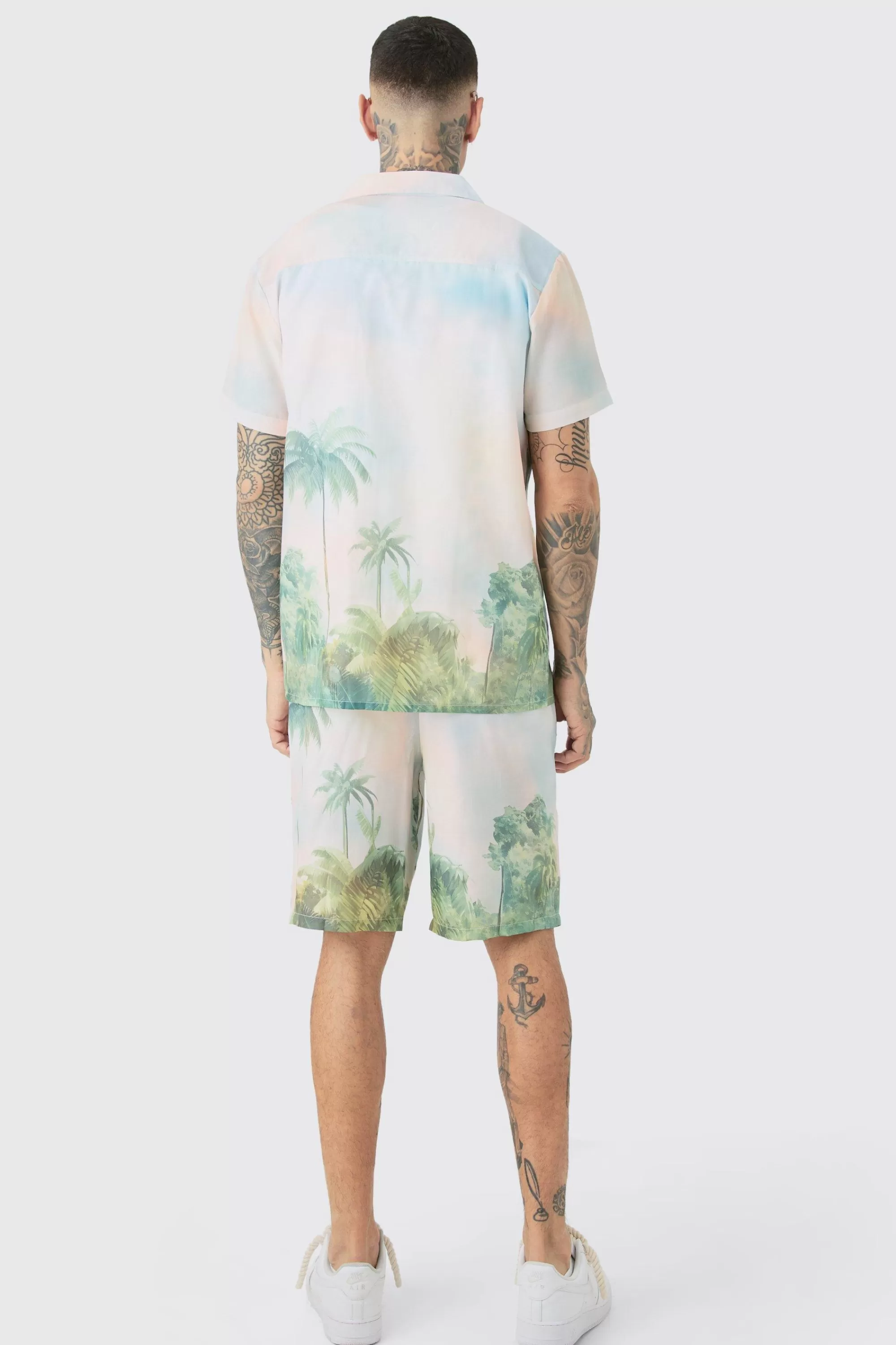 boohooMAN Tall Linen Look Watercolour Landscape Shirt & Short Set | UK