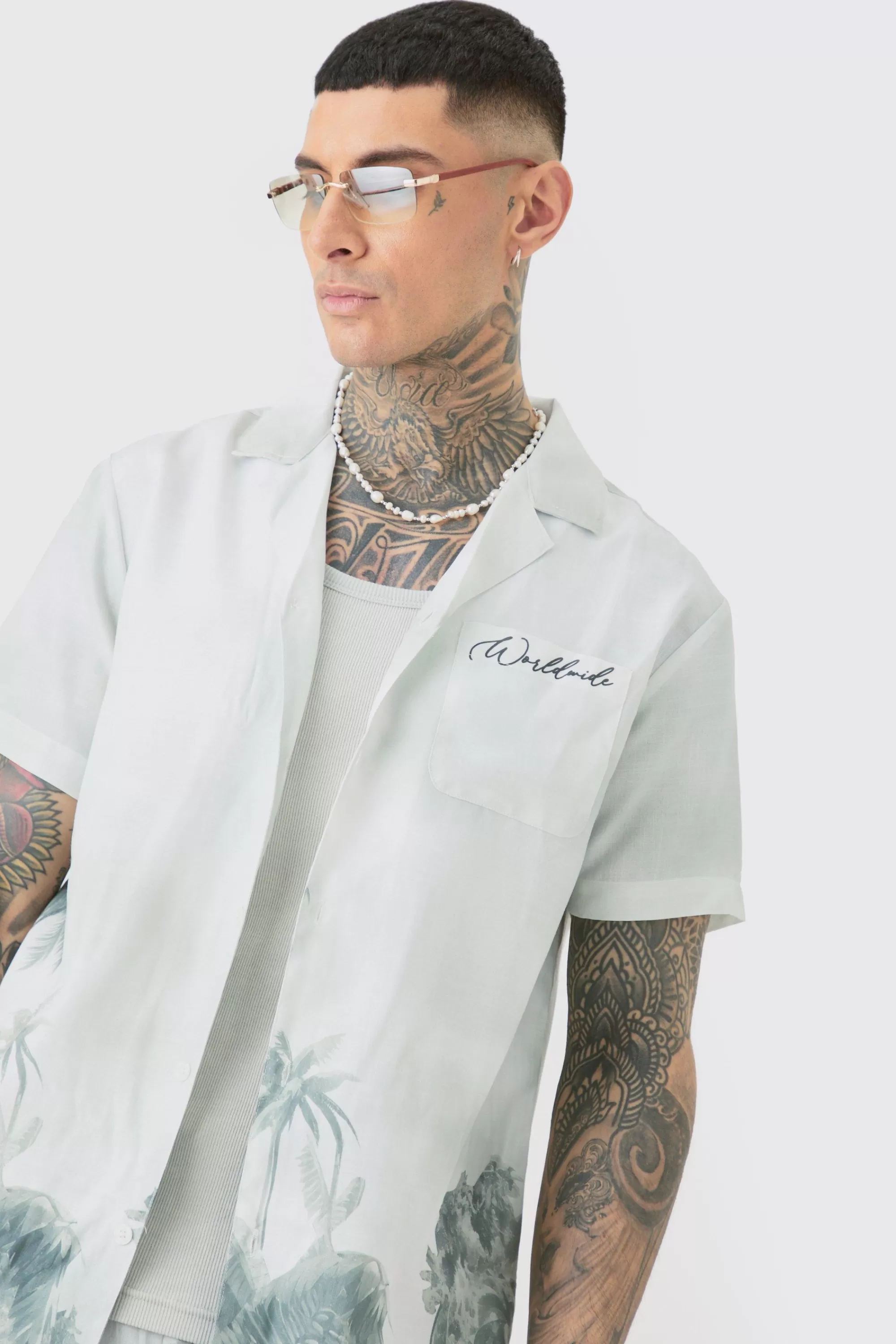 boohooMAN Tall Linen Look Watercolour Landscape Shirt & Short Set | UK